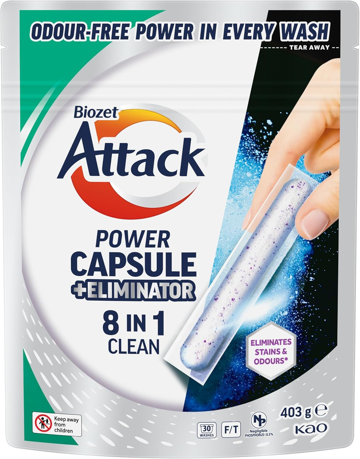 Biozet Attack Power Laundry Capsules plus Eliminator 8 in 1 Clean 30 Pack image number 2