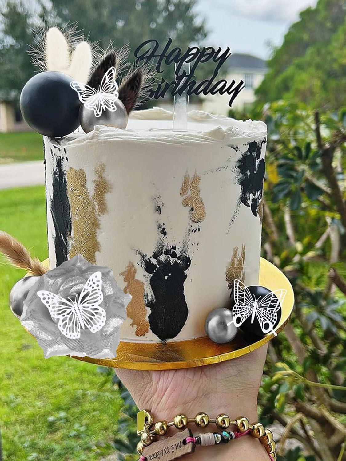 Jevenis Gothic Cake Decoration Black Rose Cake Topper Goth Butterfly Palm Leaves Punk Cake Decoration for Wedding Bridal Shower image number 5