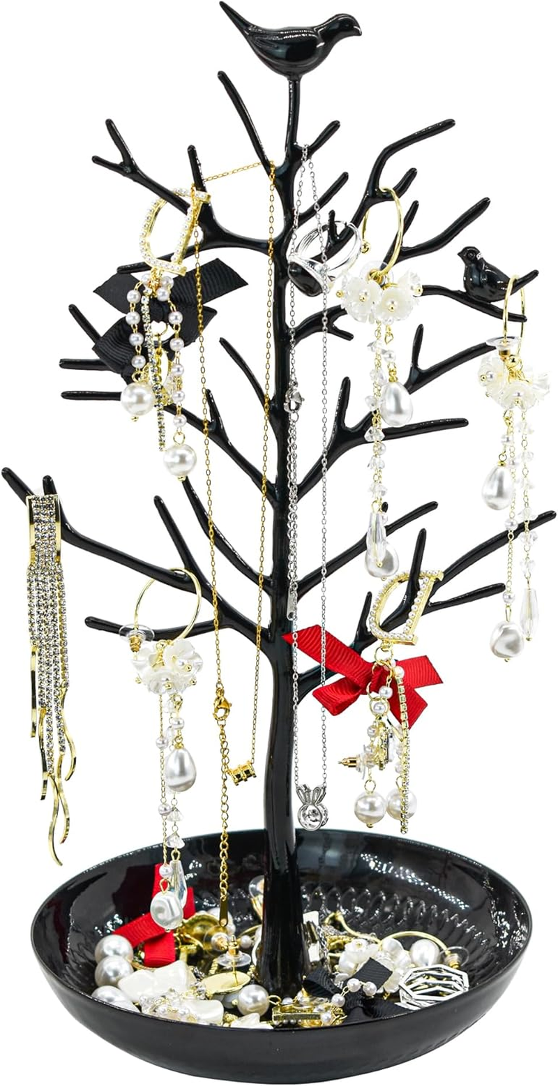Mrmrkura Jewelry Tree Earring Necklaces Holder, Tree Tower Organizer for Women Girl Jewelry Rack Stand Display for Earrings, Necklaces, Rings (Black)