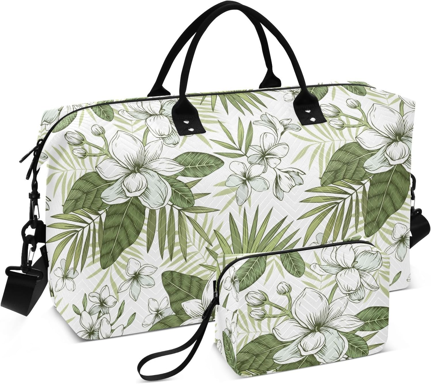 Large Bag Weekender/Overnight Duffel Tropical Flower White Jasmine Frangipani Sports Duffel Bags With, Tropical Flower White Jasmine Frangipani, Set of 2, Art Deco image number 4