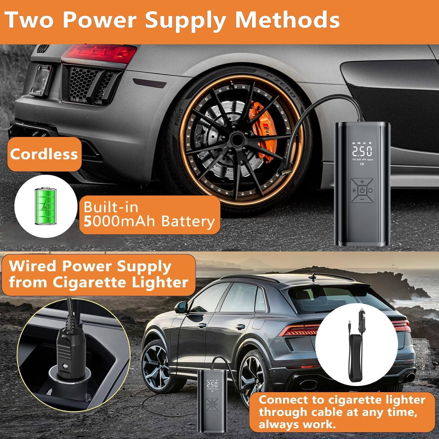 Tire Inflator Portable Air Compressor,150 PSI Fast Inflation,12V DC Portable Air Compressor,Tire Pump with LED Flashlight for Car Tire,Bike,Motorcycles and Balls Tyre Inflator. image number 5