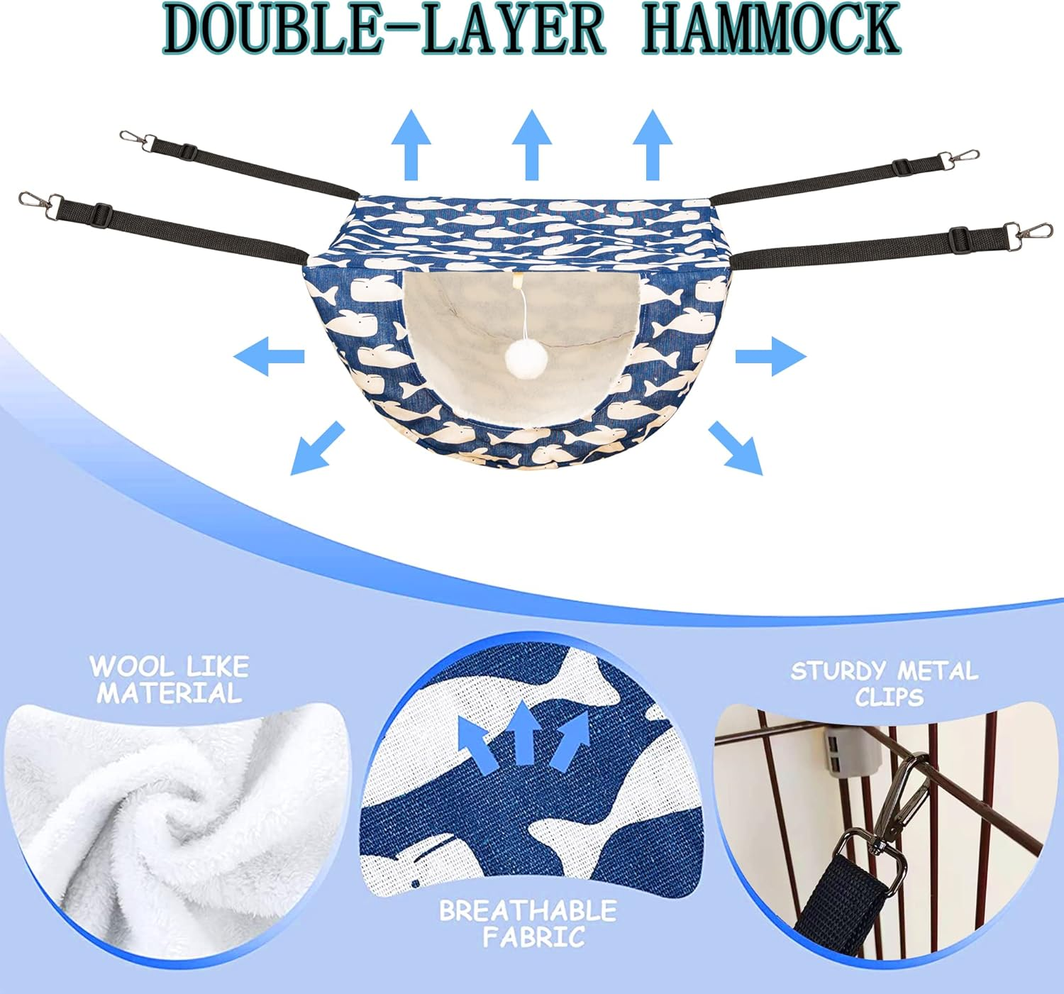 JSPYFITS Cat Cage Hammock with Ball,Double Layer Hanging Adjustable Soft Pet Bed Suit for Kitten Ferret Puppy Rabbit or Small Pet, 2 Level Indoor Bed for All Season(Blue Whale) image number 1