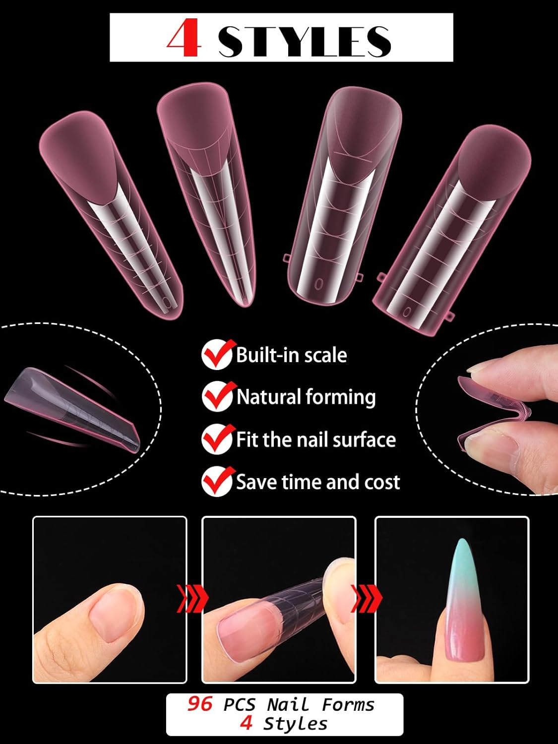 EBANKU Pink Dual Nail Forms Full Cover Nail Mold Tips Acrylic Nail Extension Tools Scale for Poly Gel Nail Art Salon Nails Design - Pink-Mixed Shapes image number 4