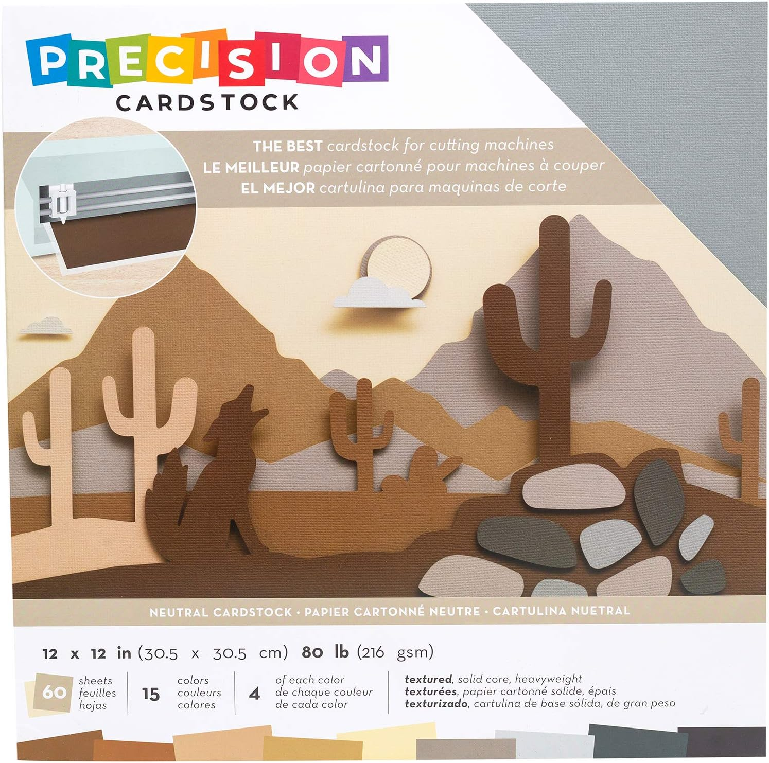 Precision Cardstock 12X12 Paper - Textured Craft Paper for Die Cutting, Card Making, Scrapbooks - 60 Heavy Duty Sheets, 15 Unique Colors, 80Lb (216Gsm), Solid Core - Brights