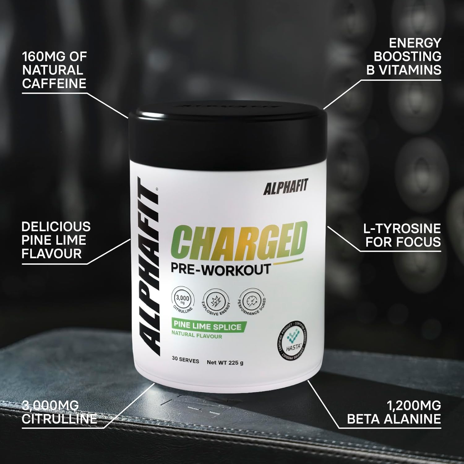 ALPHAFIT Charged Pre-Workout Powder, Pine Lime Splice, Natural Caffeine + Beta-Alanine, HASTA Certified, 225G (30 Serves) image number 2