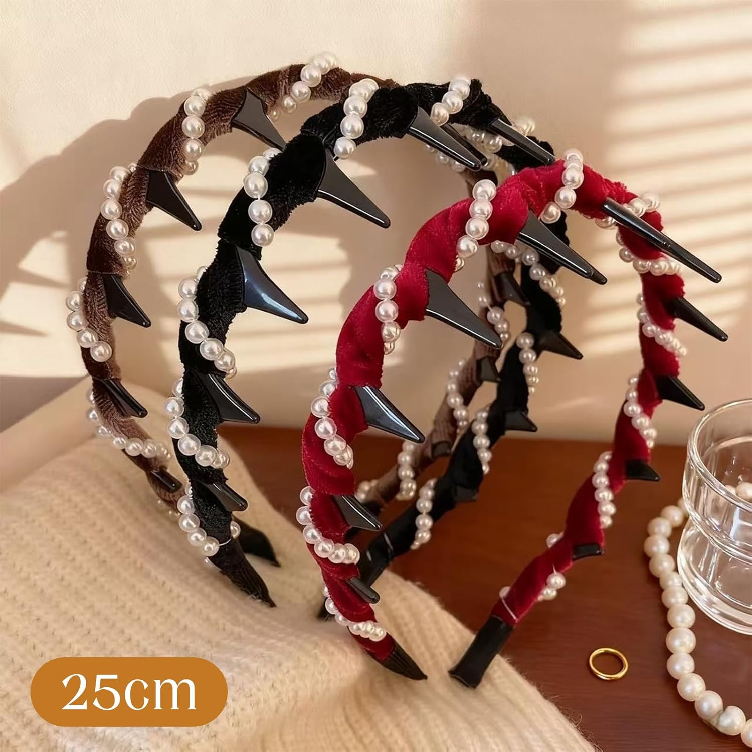 3Pcs High Updo Artificial Pearl Hairband, Fashion Headband Women, Grace Headbands for Rhinestones Bridal Hair Hoop, Birthday Party Valentine'S Day Gifts (Black/Red/Brown) image number 1