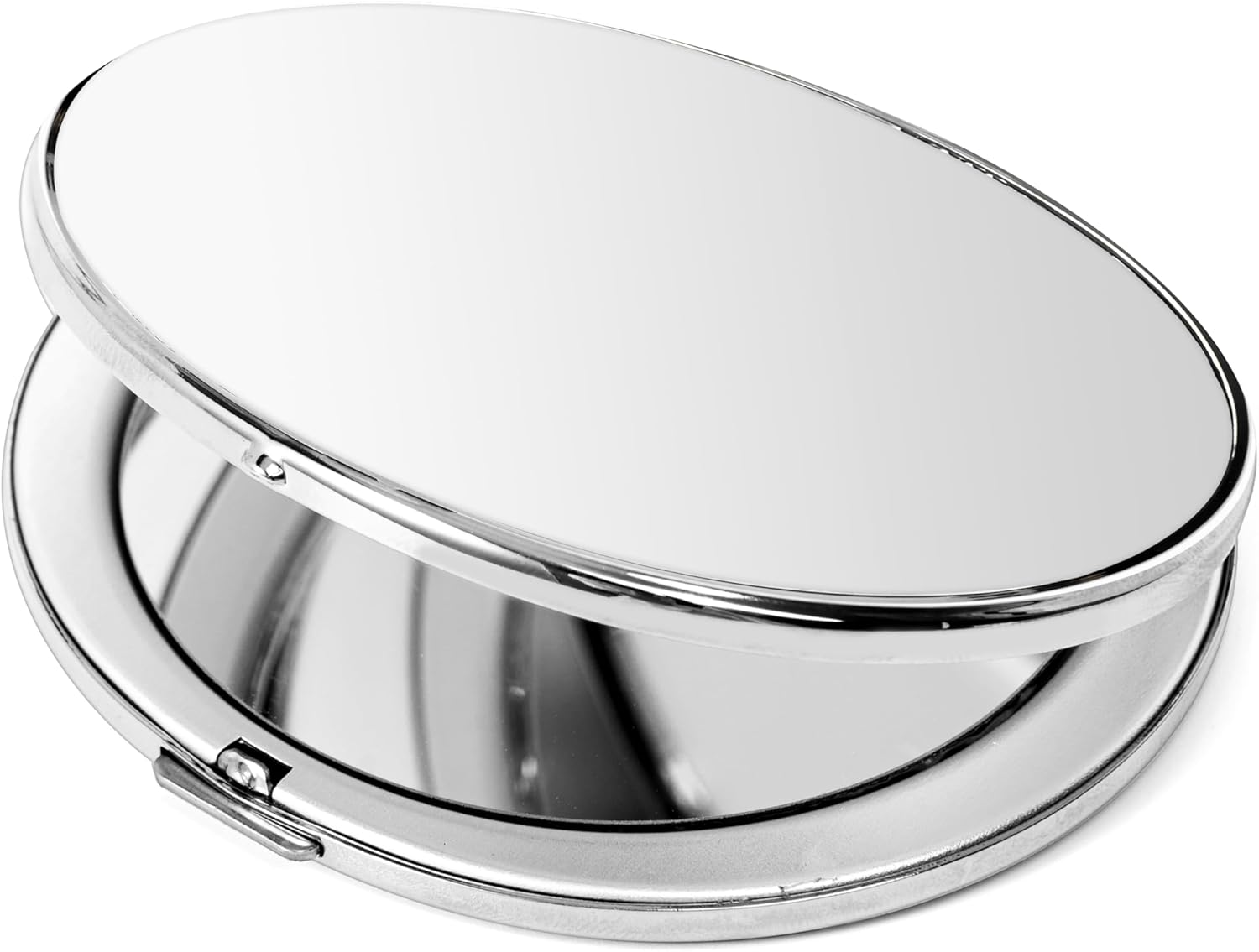 Mini Portable Oval Metal Folding Mirror, Beautiful and Elegant, Sturdy and Durable, 1X/2X Magnifying Glass. (Bare Silver)
