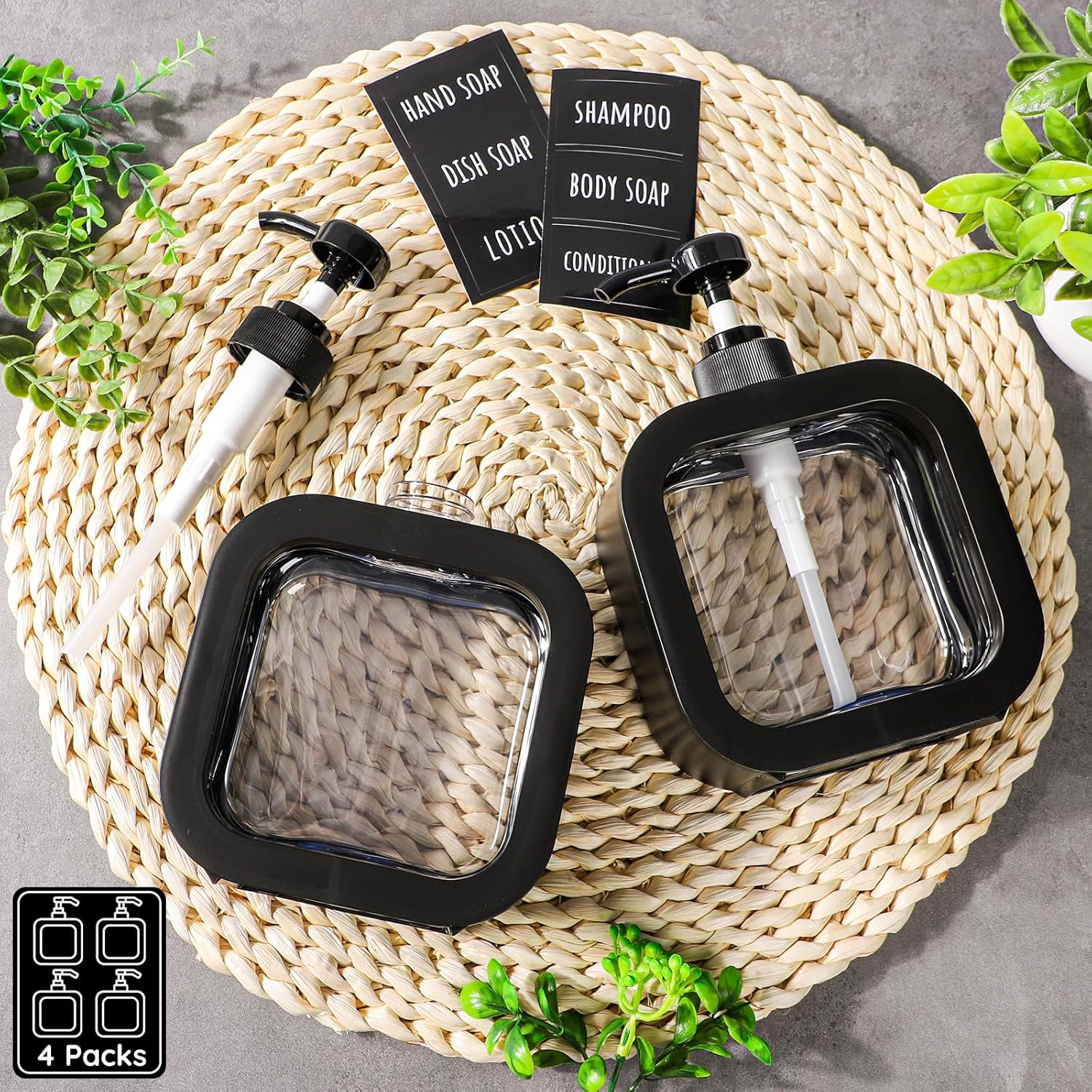 Segbeauty 16.9Oz Refillable Hand Soap Dispenser,Pack of 4 Leak-Proof Bathroom Hand Soap Dispensers,500Ml Dish Soap Dispenser for Kitchen Sink,Black Plastic Soap Dispenser with Pump and Labels image number 2