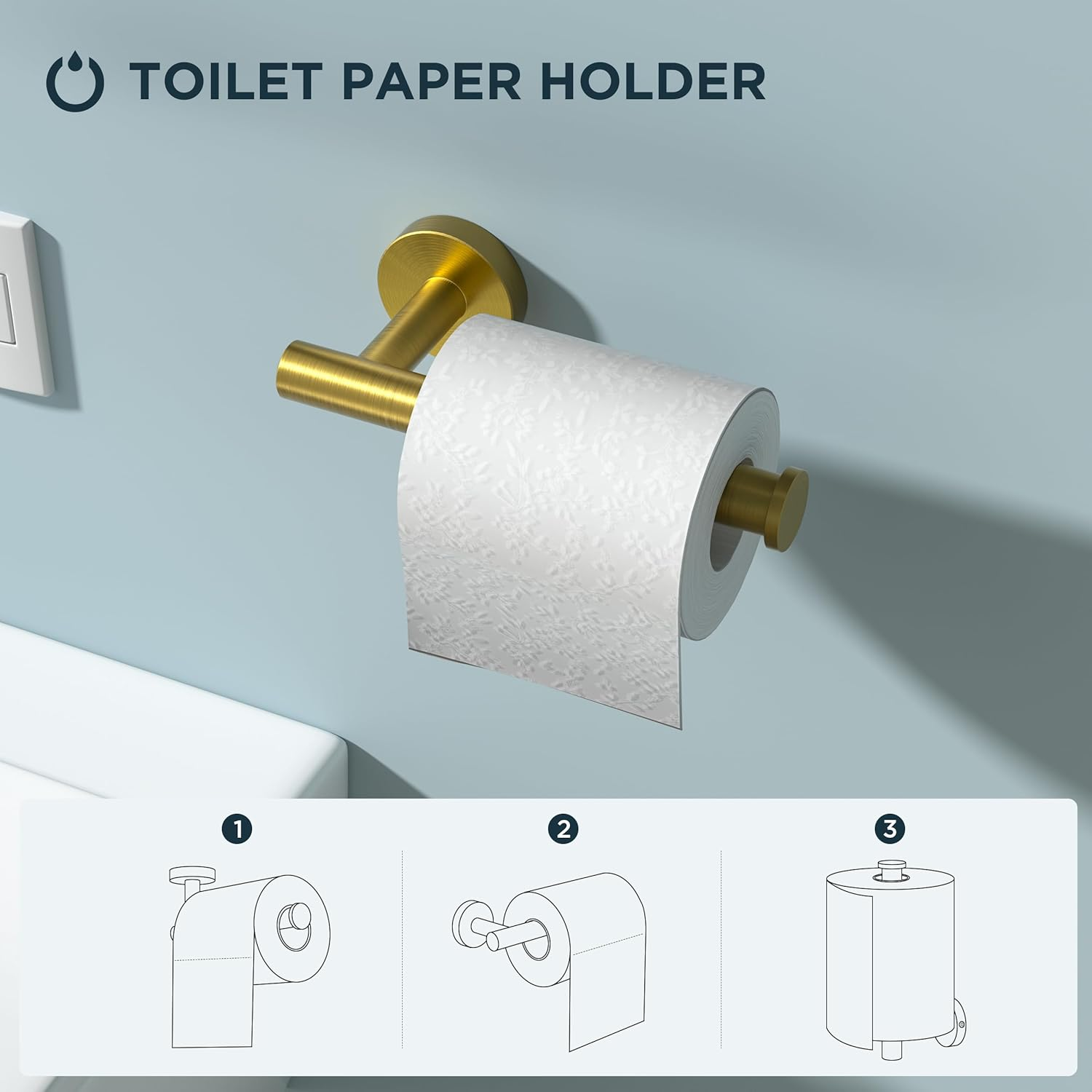 FORIOUS Toilet Roll Holder Set 4 Piece, SUS304 Stainless Steel Wall Mounted, Bathroom Hardware Set with Hand Towel Ring and TP Holder and Towel Hooks, Gold - Gold image number 5