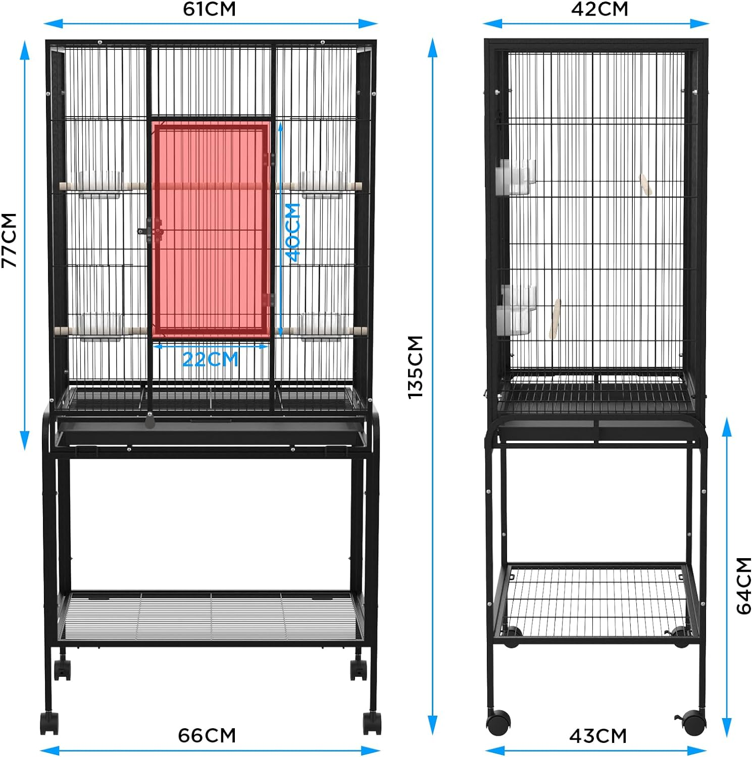 Advwin Bird Flight Cage, 66 X 43 X 135Cm Large Wrought Iron Budgie Aviary with Removable Tray, Rolling Stand Parrot Cage with 2 Perches for Cockatiels Pet Birds Parakeet Lovebird Canary Finch image number 4