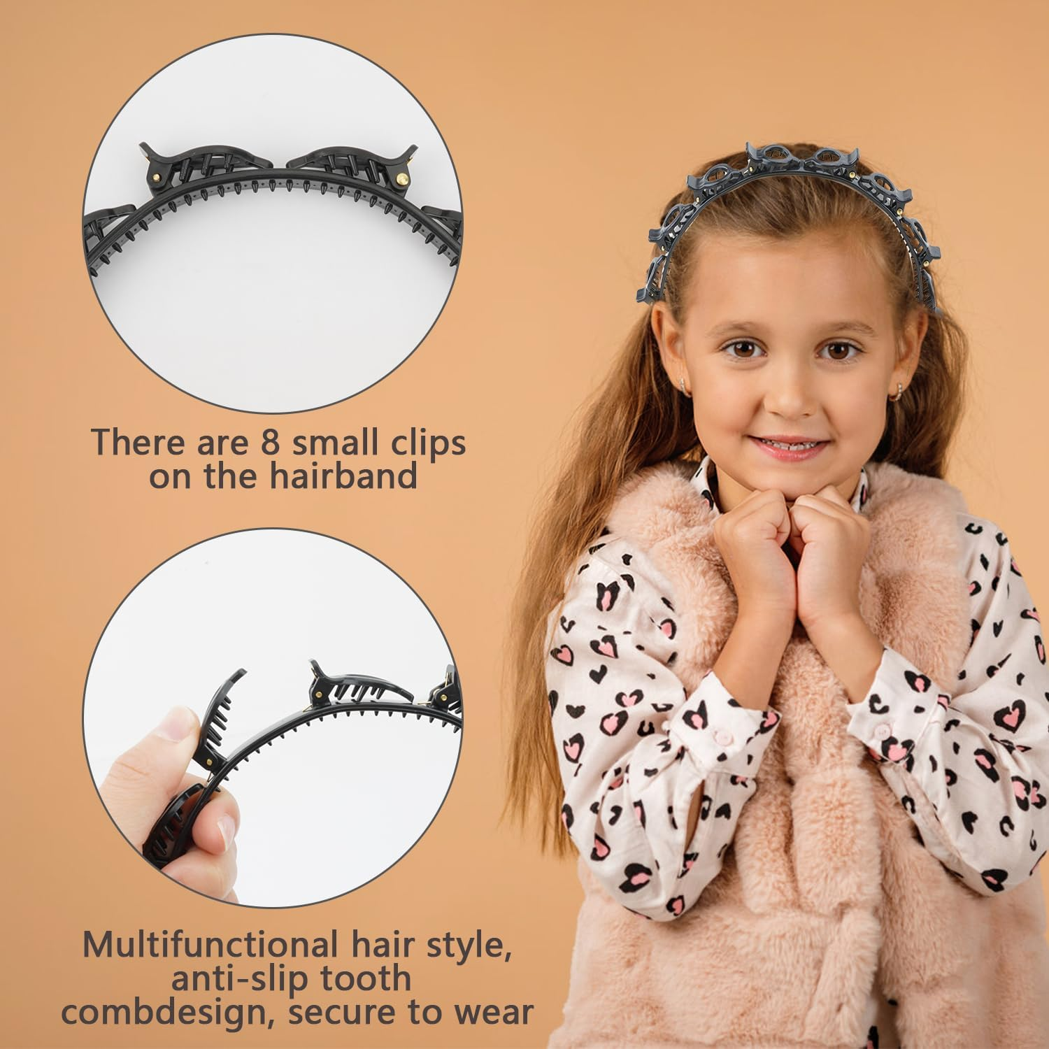 Amexo 4 Pieces Headband with Clips, Double Bangs Hairstyle Hairpin Clip Headband Twister Headbands for Women Girls (Black, Brown)