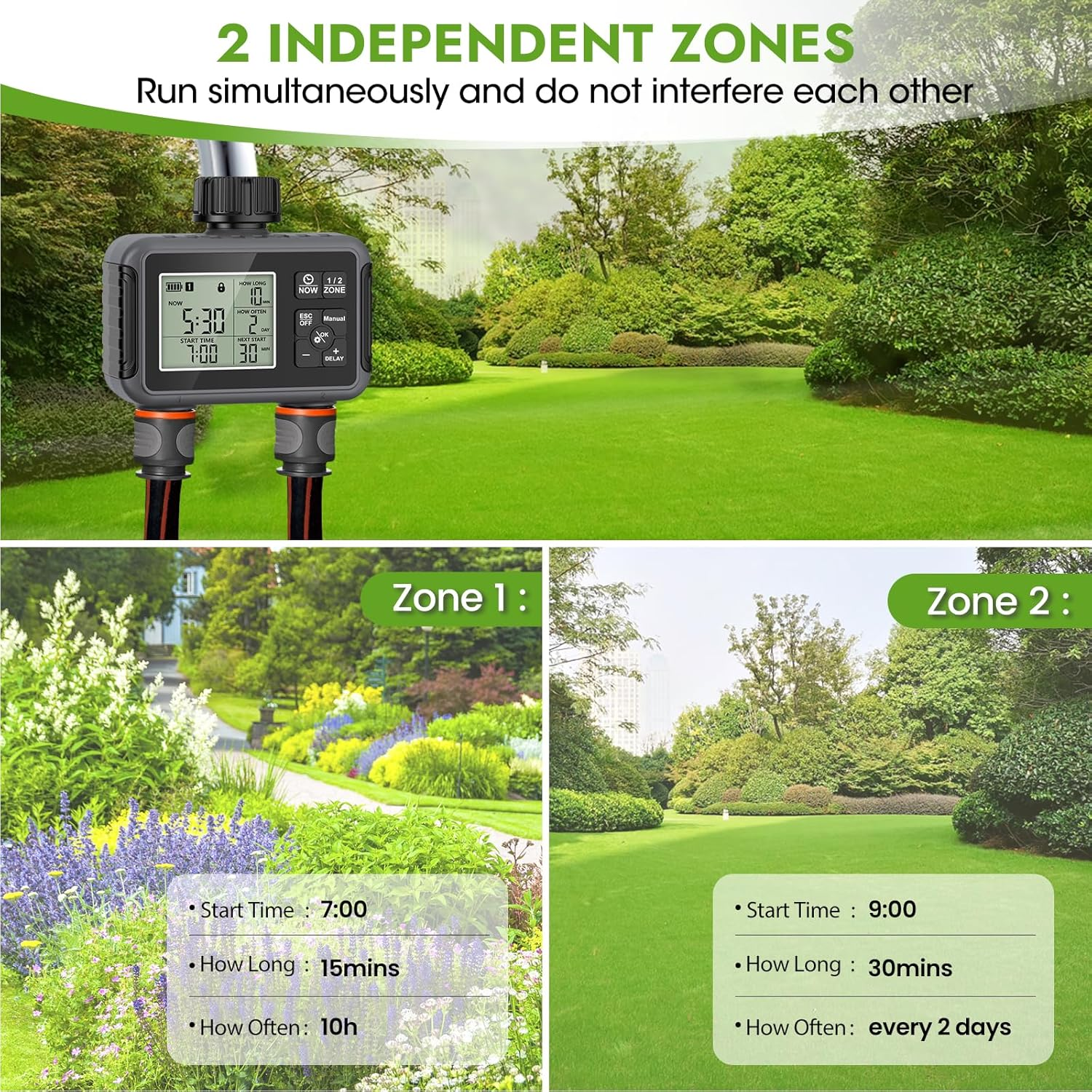 Sprinkler Timer 2 Zone, Programmable Water Timer for Garden Hose 2 Outlet for Garden, Outdoor Automatic Irrigation System IPX5 Waterproof with Auto/Manual/Rain Delay Mode Rain Delay/Manual for Lawn image number 2
