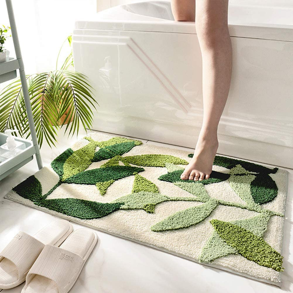 Tiita Indoor Doormat, Front Back Door Mat, Machine Washable Soft Bathroom Floor Mat for Entrance, 32X20 Inch Bathroom Rugs, Green Leaves