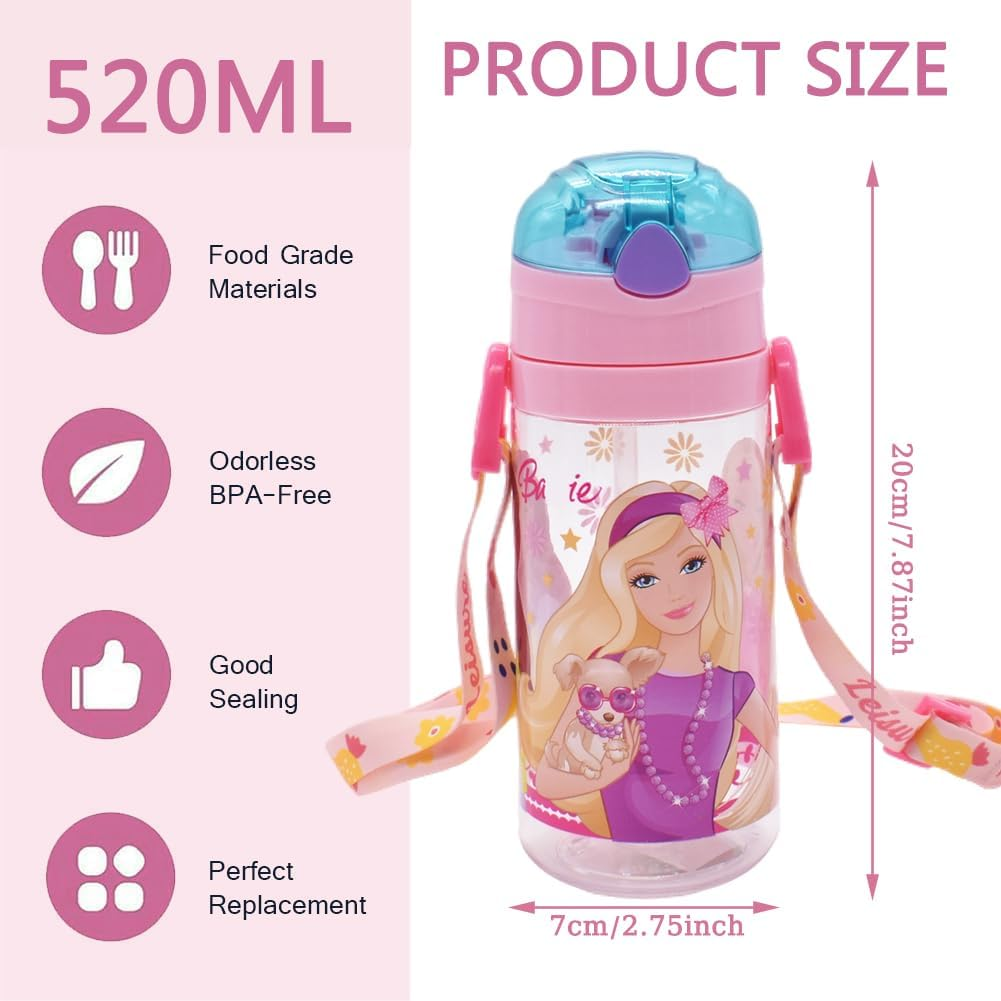 PLNVNVP Barbi Children'S Water Bottle, Barbi Water Bottle with Straw, Water Bottle for Girls and Boys for School, Travel and Outdoor Sports, 520 Ml, Purple image number 1