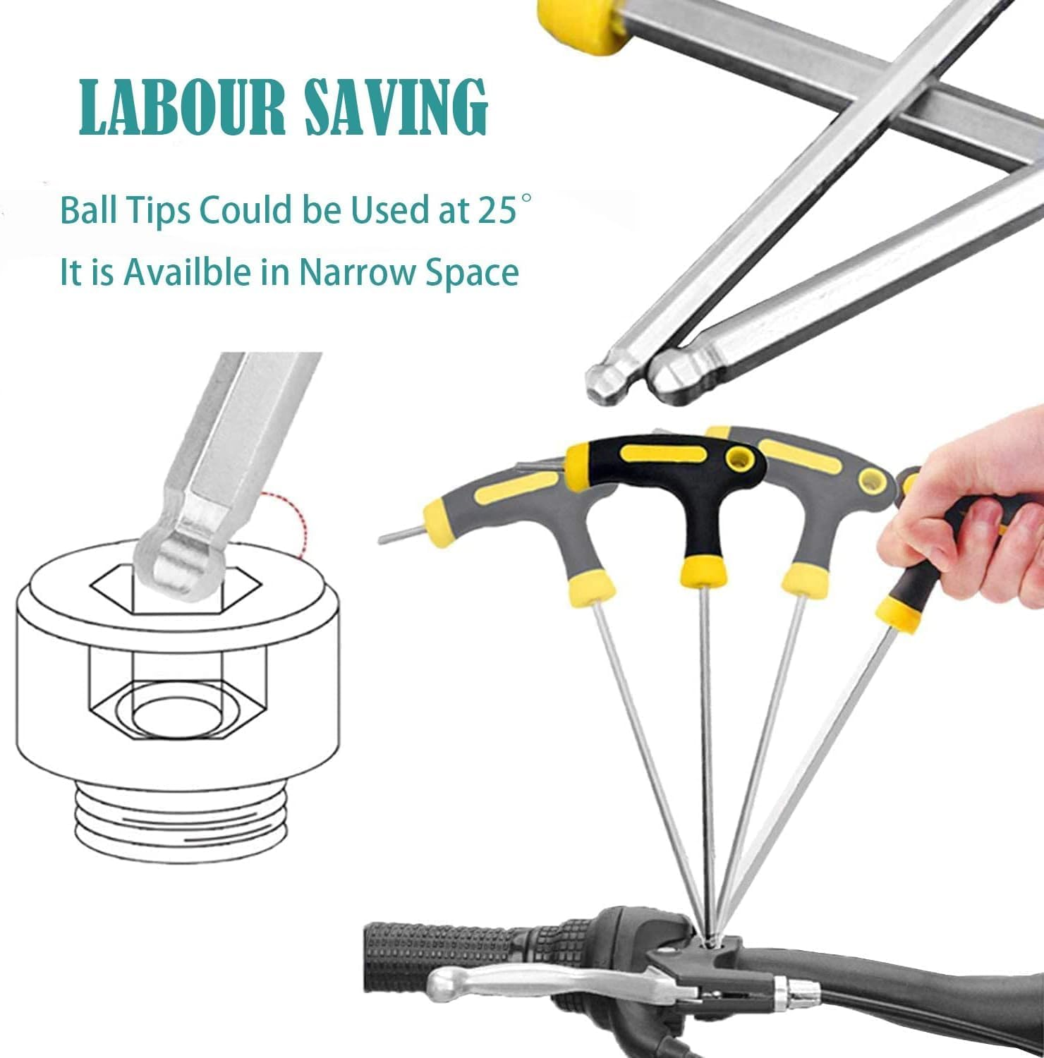 KEWAYO 5PCS T Handle Allen Wrench Set, 2.5/3/4/5/6Mm Bike Allen Hex Key Set with Ball End Screwdriver Hand Tool Kits for Bicycle Pedal Handlebar Disc Brake Mount Repair