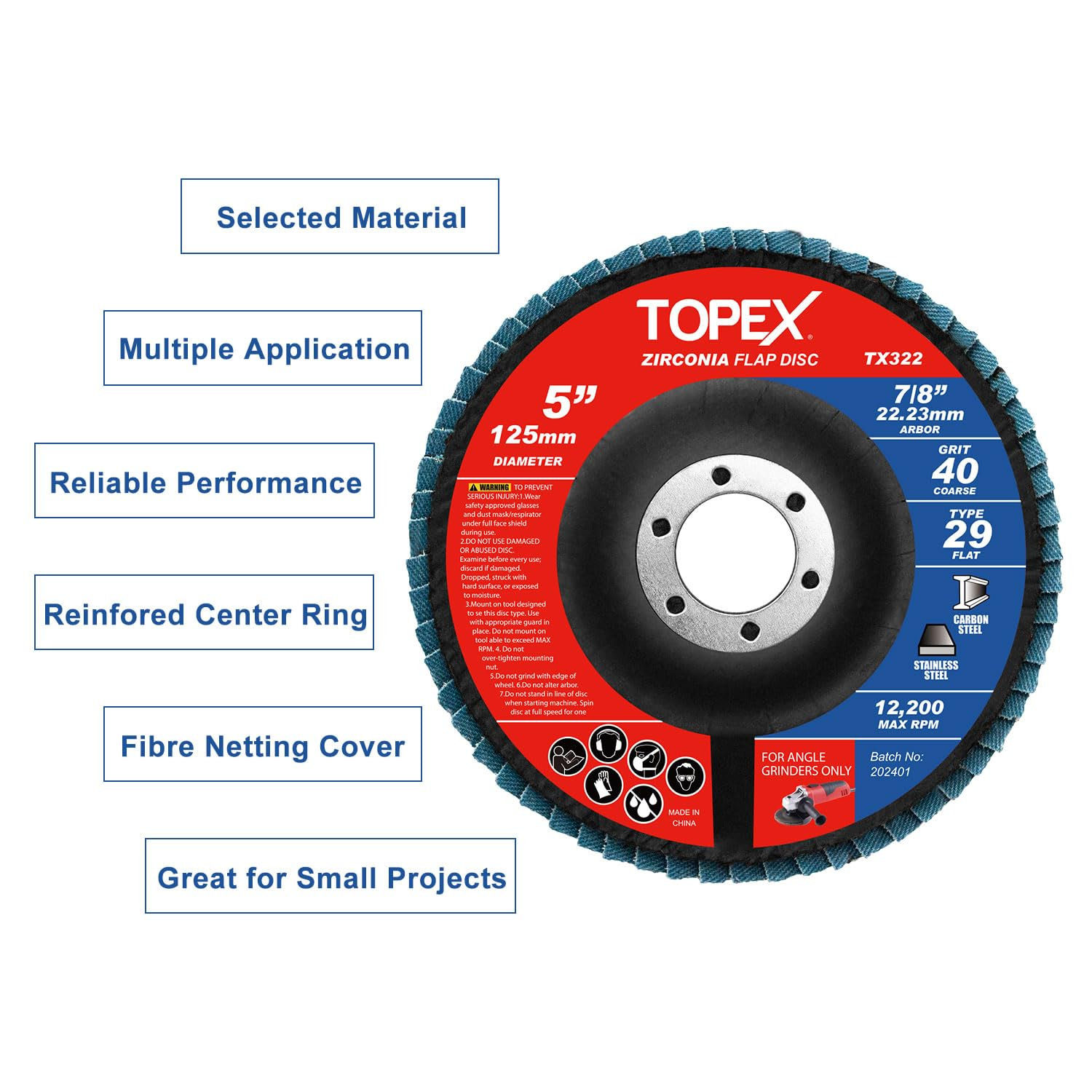 TOPEX 125Mm Zirconia Flap Disc, 10 Pack - Professional Grade Sanding Wheels with 22.23MM Bore, Ideal for Metal Grinding, Polishing, and Deburring. Quality Abrasive Discs for Precision Work. image number 4