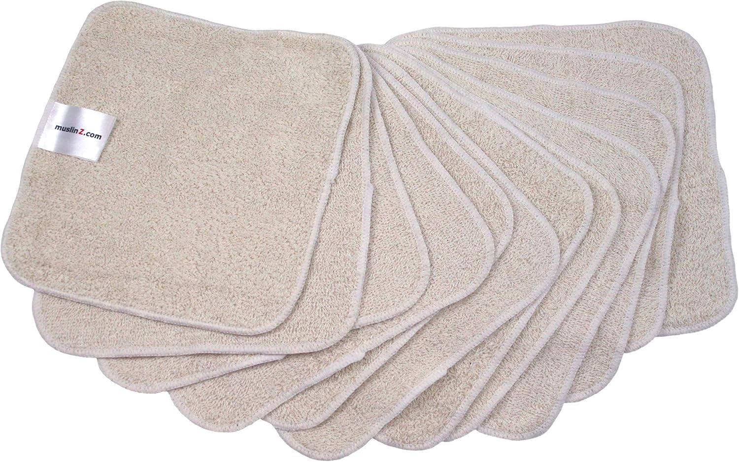 Muslinz 12PK Reusable Bamboo Cotton Terry Wipes 20X20 Cms Face Cloth Baby Wipes (White)