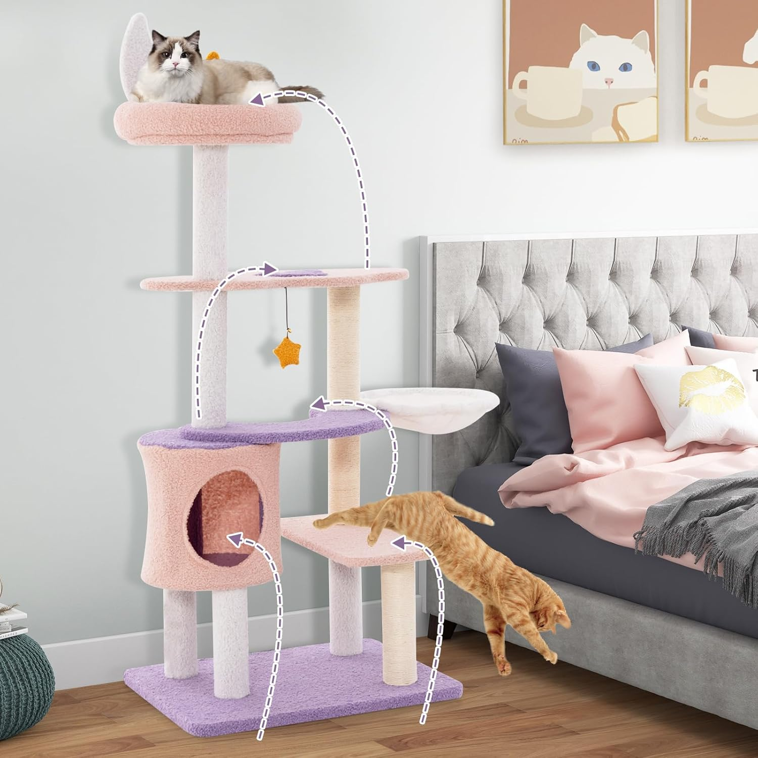 Costway Cute Cat Tree for Indoor Cats, Multi-Level Cat Tower W/Sisal Covered Scratching Posts, Condo, Moon Star Plush Perch, Hammock, Cloud Platforms, Dangling Toys, Kitty Play House Activity Center image number 5