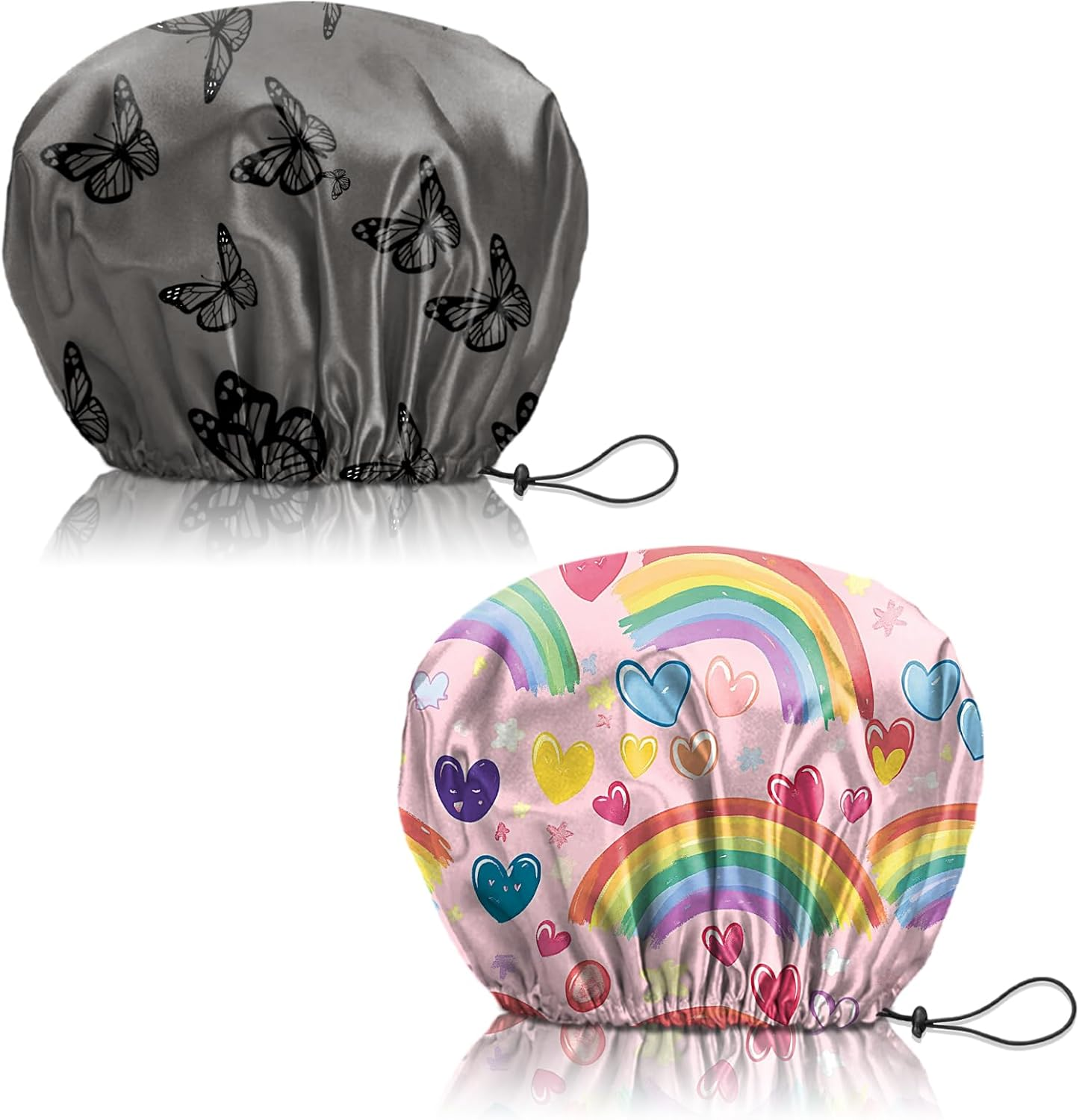 Deokke 2 PCS Shower Cap Reusable Large Waterproof Adjustable Double Layer Elastic Dry Hair Bathing Caps Aesthetic Cute for Women Girls-Butterfly Flower