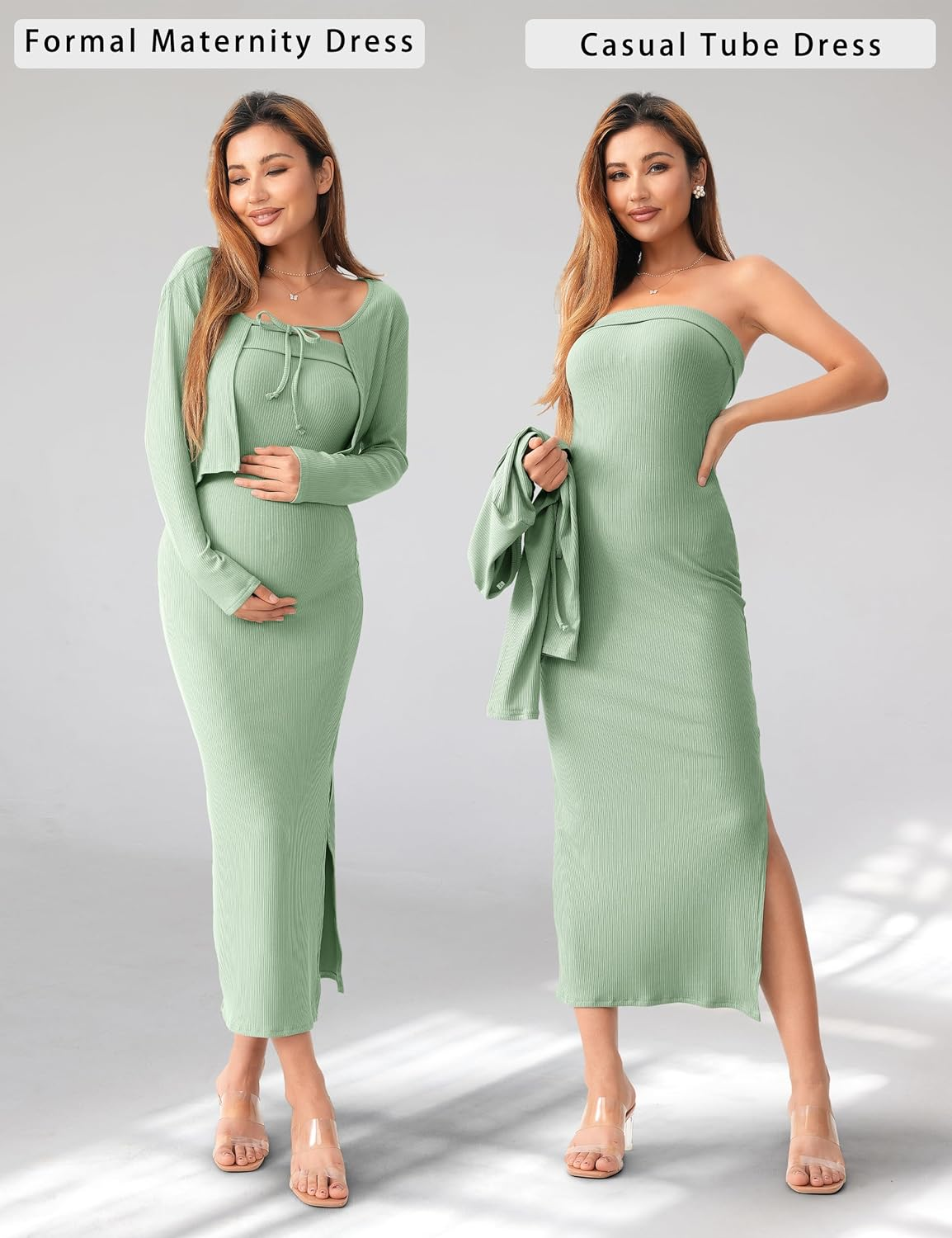 SUNNYBUY Baby Shower Maternity Tube Dress Short Cardigan Bodycon Ribbed Maxi Dress Casual 2 Piece Pregnancy Outfit Set, Sage Green, Xx-Large image number 2