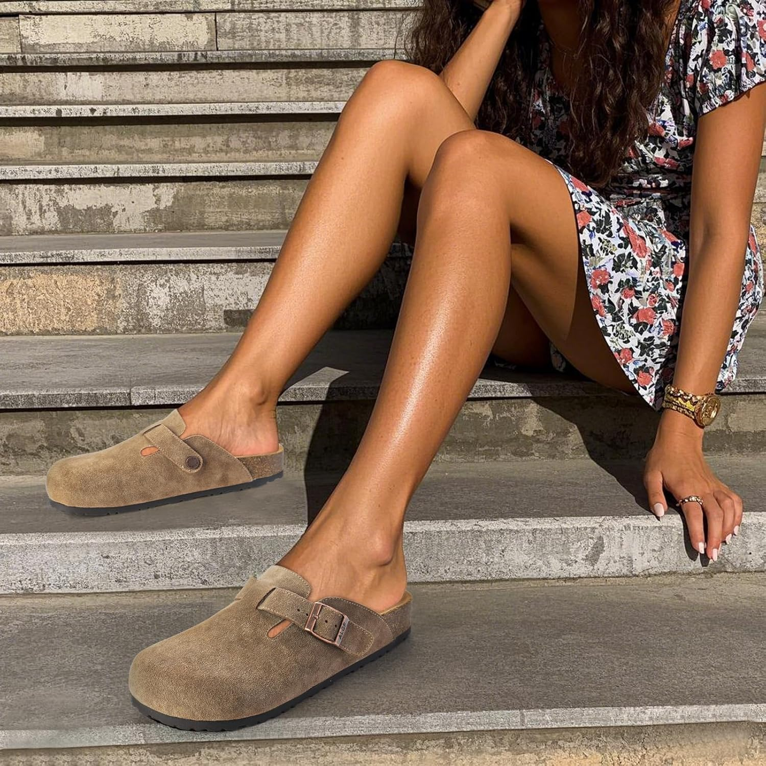 ALGF Women'S Suede Clogs Soft Cork Footbed Leather Mules Comfort Potato Shoes with Arch Support image number 5