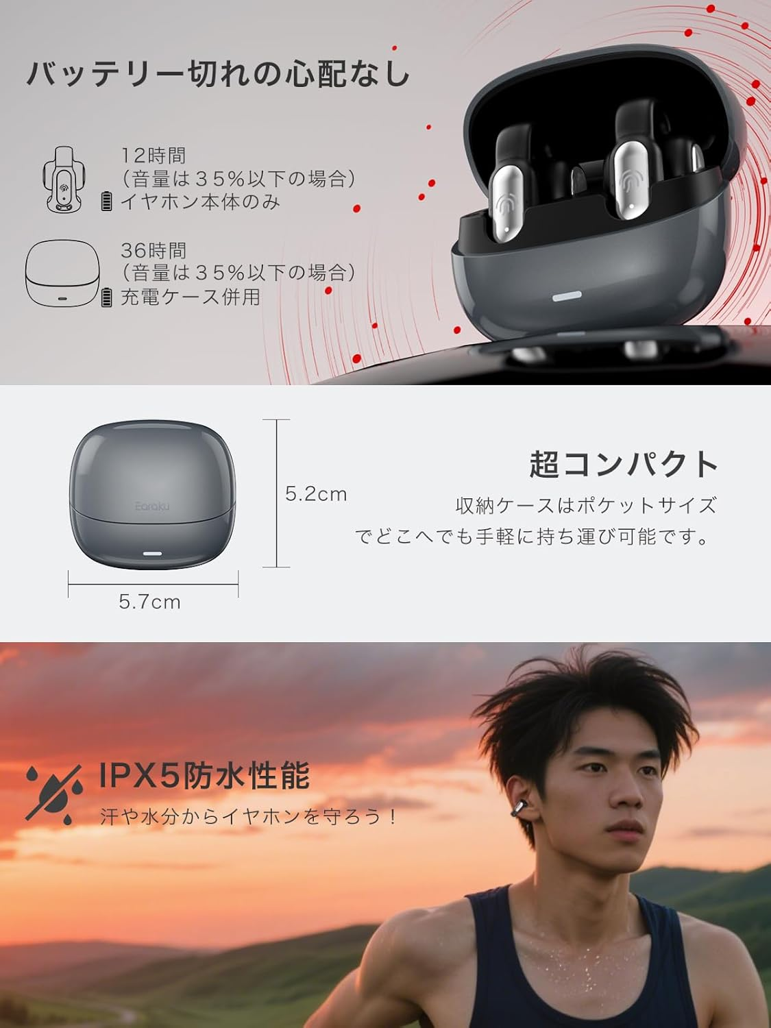 (Sound Quality Superiority Second Version) Earaku Aircuff F306 Ear Cuff Earphones, Wireless Earbuds, Open Ear, Ear Cuff Type, Ultra Lightweight, No Clogging Earbuds, No Sound Leakage, DSP Function