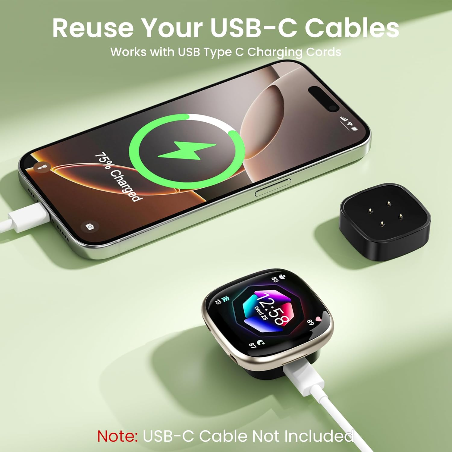 RUXELY Charger for Fitbit Versa 4/Versa 3/Sense 2/Sense,Magnetic USB C Charging Cable Dock,Replacement Type C Charging Cord Stand Portable Charger Adapter for Fitbit Sense 1/2,Versa 3/4 Smartwatch image number 1