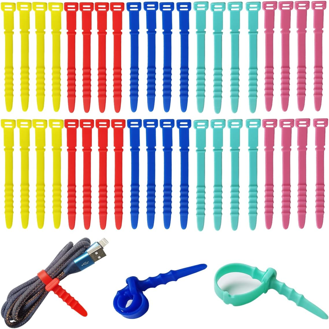 40 Pcs Silicone Cord Ties Straps,Cord Organizers Zip Tie Multicolor Reusable Wire Ties Elastic Cable Organizer for Wire Management Home Office Cords Phone Computer Charging Cable image number 5