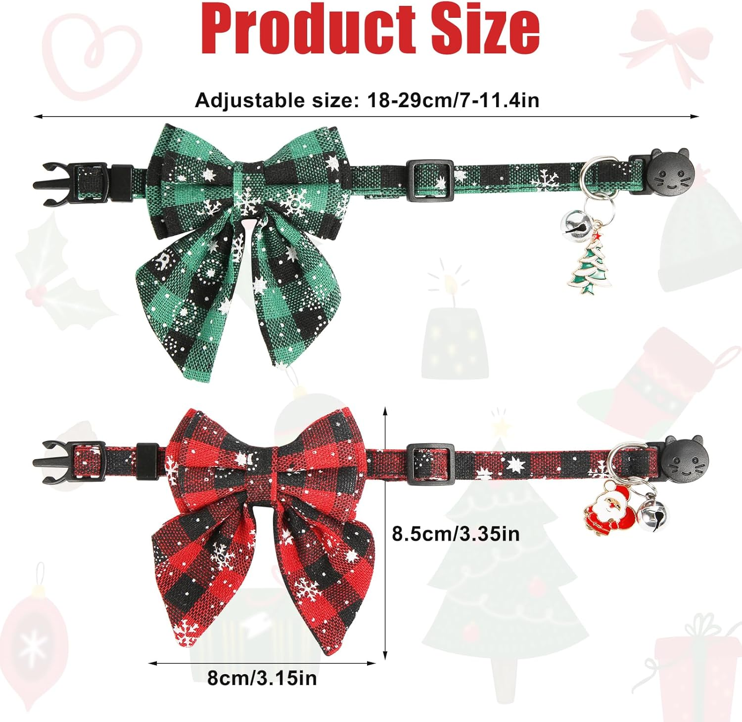 PEUTIER 2Pcs Christmas Cat Collar, Festive Cat Collar with Bells, Removable Bow Tie, Breakaway Safety Buckle, Red, Green, 18-29Cm/7-11.4 Inches image number 5