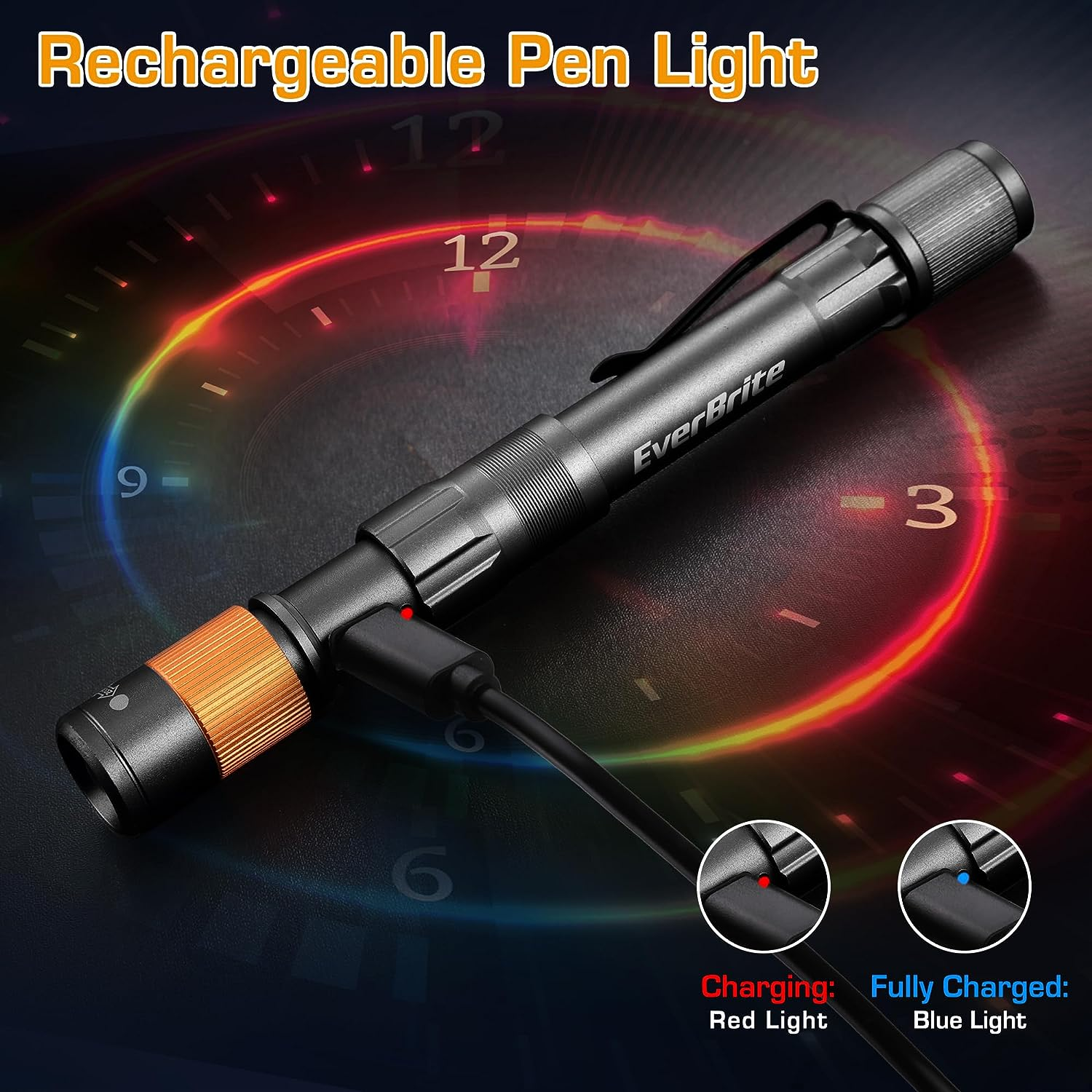 Everbrite Rechargeable Pen Light, 300 Lumens EDC Flashlight, Zoomable LED Pocket Flashlight with Clip, Memory Function and USB C Cable Included, for Camping, Emergency, Black image number 3