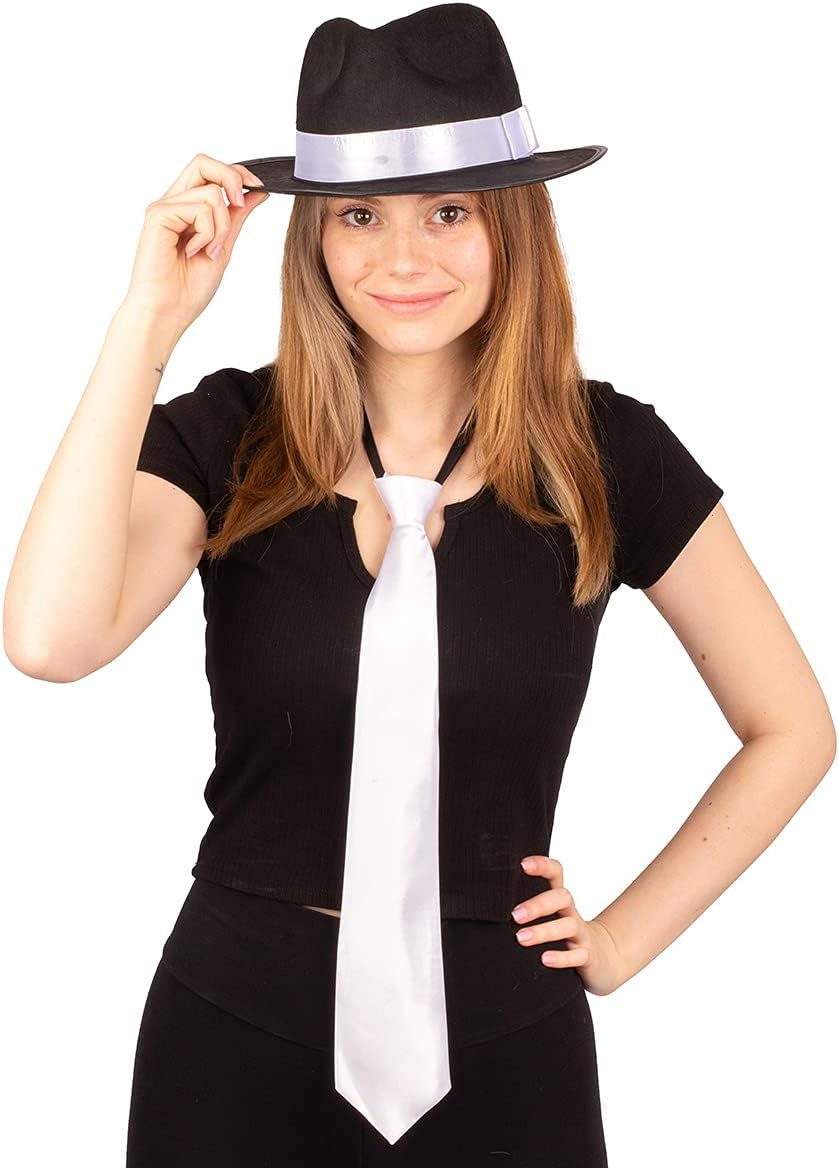 Tigerdoe Fedora Gangster Hat - Mobster Costume - Felt Hat & White Neck Tie - (2 Pc Set) Fedora Hat