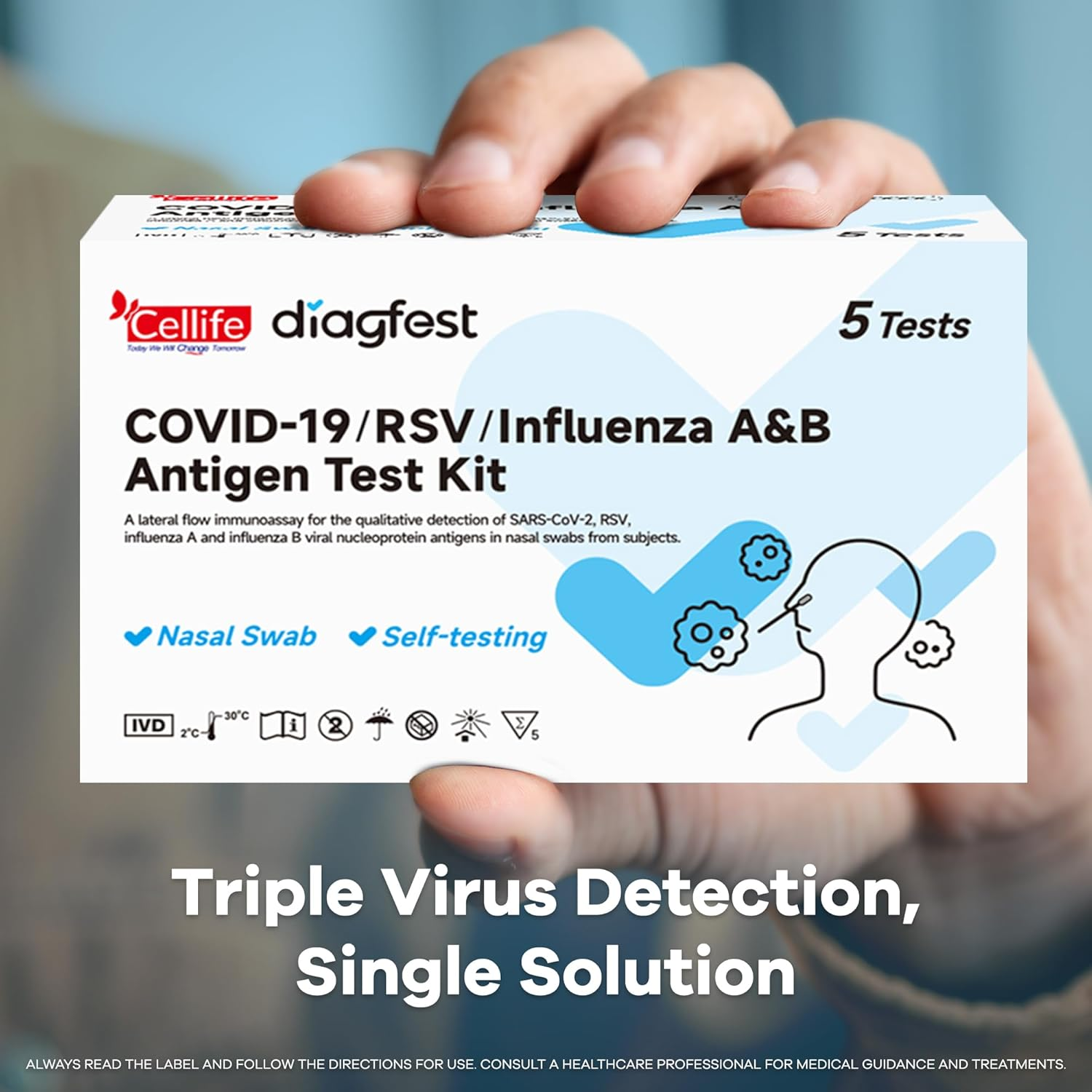 Cellife COVID-19, RSV, Influenza A&B Antigen Test Kit, 3-In-1 Home Self Test, Nasal Swab, Rapid Results in 15 Minutes, 5 Pack (5 Tests Total) image number 5