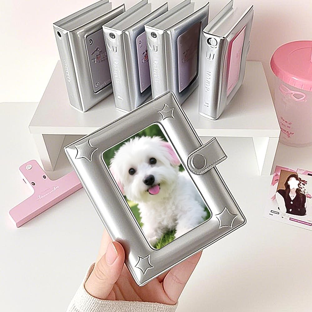 3 Inch Silver Photo Albums, Mini Photo Album Small Picture Book for Photos Patent Leather Star Postcard Album Picture Books with 20 Pages and 40 Pockets Postcard Holder Photoalbum Scrapbook Albums image number 4