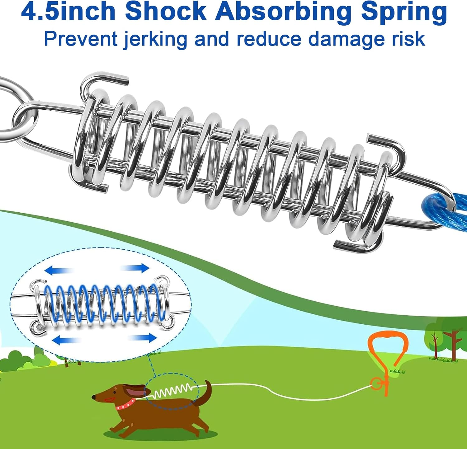 Dog Tie Out Cable and Stake with Rotating Hook and Shock Spring, 20Ft Yard Leash for Small and Medium Dogs up to 60 Lbs, Lead for Outside, Yard and Camping (Blue, 20FT)