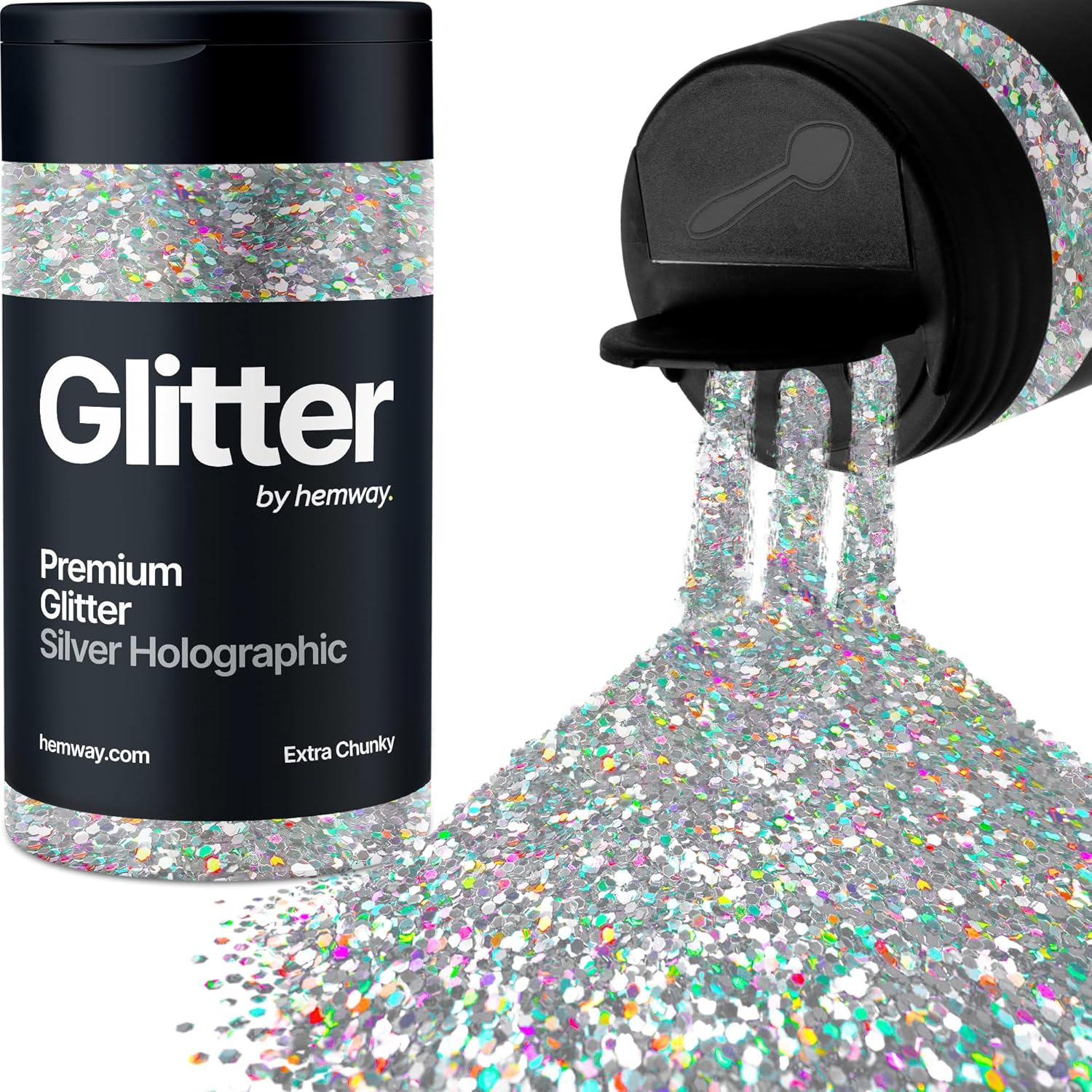 Hemway Silver Holographic Glitter Extra Chunky 120G/4.2Oz Powder Metallic Resin Craft Glitter Flake Sequins for Epoxy Tumblers, Hair Face Body Eye Nail Art Festival, DIY Party Decorations Paint