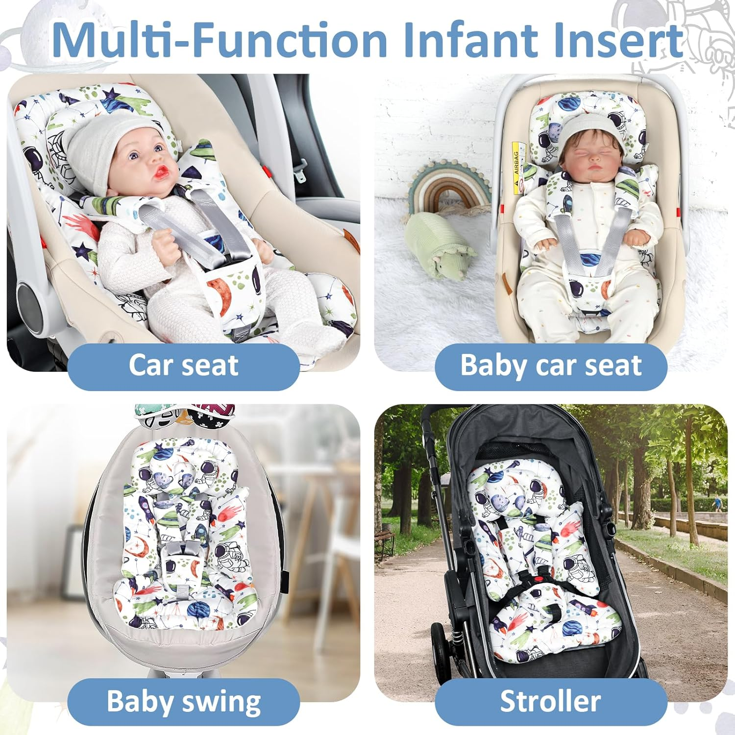 TANOFAR Infant Car Seat Insert for Preemies & Newborns, Baby Car Seat Insert with Removable Head Support, Universal Head and Body Support Pad for Car Seat, Stroller & Swing(Space) image number 6