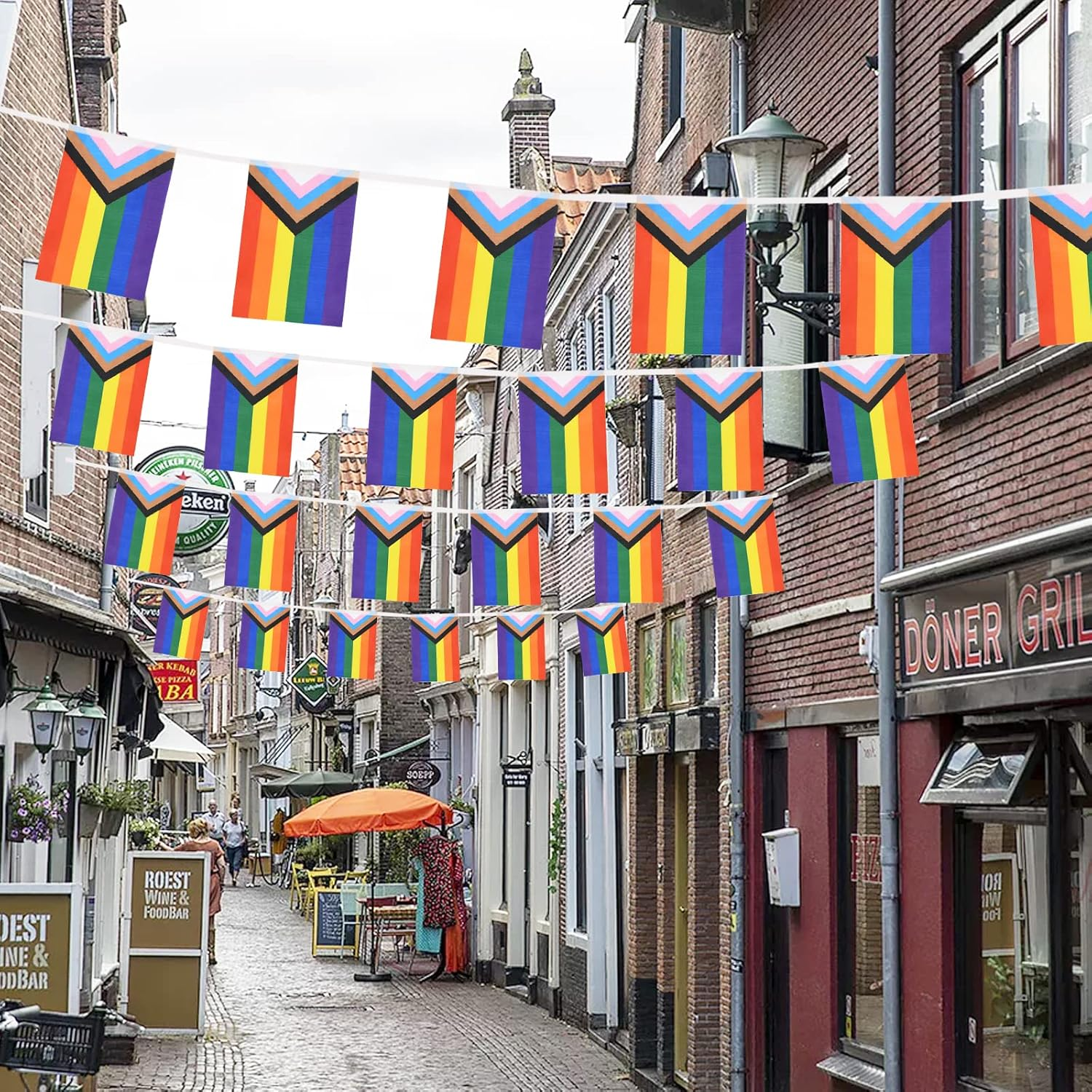 32.8Ft 38 Pcs Progress Pride Pennant Flags Banner,Gay LGBTQ Rainbow Pride Banner Flag, Colorful Stripes Bunting Banner for Pride Decorations, Pride Month, Party, Restaurants, Garden Decor image number 3