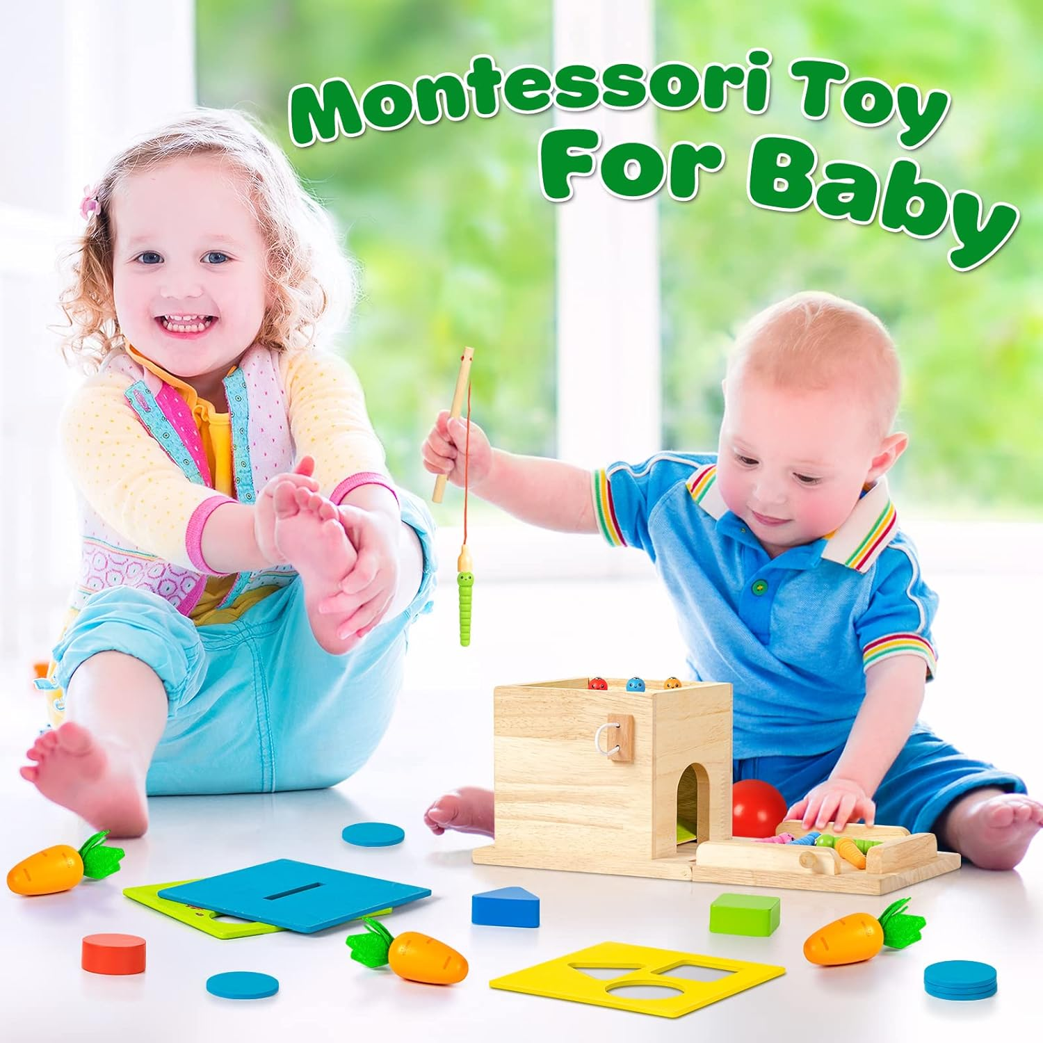 Wooden Montessori Toys for 1 Year Old, 5-In-1, Object Permanence Box, Coin Box, Carrot, Catch Worm, Shape Sorter, Learning Toy for Toddler Aged 1, 2, 3 Year Old Boys Girls image number 3