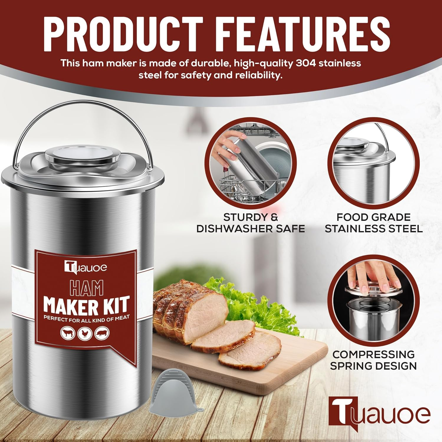 Tuauoe Meat Press Mold for Deli Meats, Stainless Steel Ham Press Mold with Thermometer & Silicone Kitchen Mittens for Making Homemade Healthy Deli Poultry Patty, Funny Kitchen Women and Men image number 3