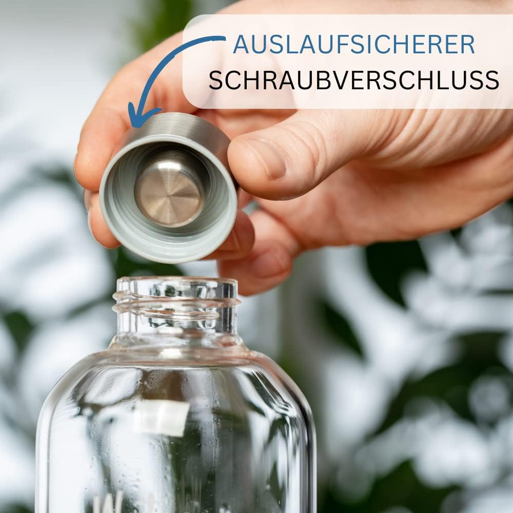 Westmark Drinking Bottle Set 2 Pieces 2 Glass Drinking Bottles with Print, Includes 1 Protective Cover, 1000 Ml, Glass, Silicone, Rubber, Bpa-Free, Viva, Red/Anthracite/Silver/Clear, 5274222E8 image number 1