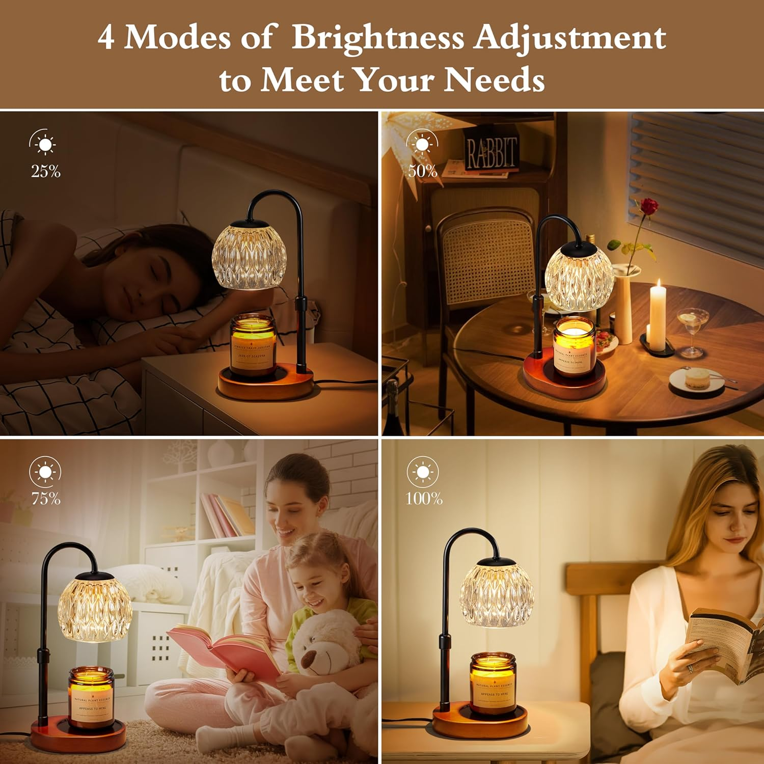 Dreamholder Candle Warmer Lamp, Glass Electric Wax Melter Lamp with Timer & Dimmer, Vintage Wax Warmer Adjustable Height for Various Sizes Scented Candles for Home Decor Gifts, 2X50W Bulbs, Black - Natural Wood image number 6