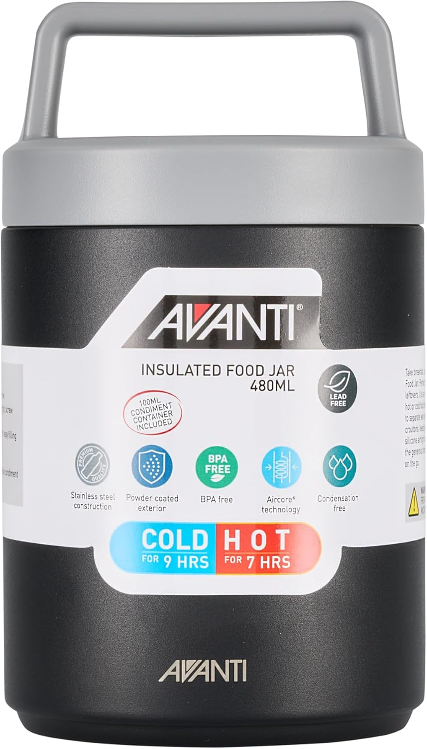 Avanti Insulated Food Jar with Nested Condiments Container and Leakproof Screw Top Lid with Carry Handle, 480Ml, Agave