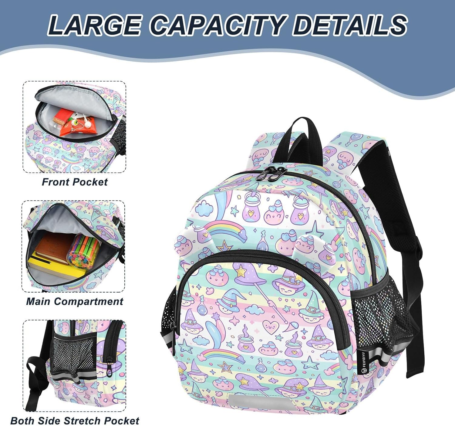 Cute Ears Cool Backpacks Leash Kids Boy'S/Girl'S Anti-Lost Personalized Diaper Bag Backpack with Reflective Strip Witch Wand Potion Cartoon Mochila Para Ni?O De 5 A?Os Kinder, Witch Wand