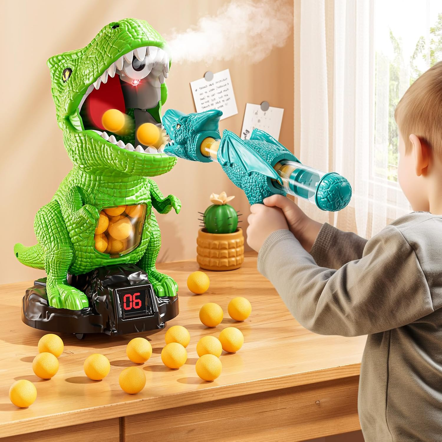 JUKUDAHU Dinosaur Shooting Toys for Kids Age 3 4 5 6 7 - Moveable Dinosaur Toy with Scoreboard, Light Sound Spraying, 12 Toy Balls, Competition Game Gifts for Boys Girls Age 5-7 6-8 8-10 (Green) image number 4