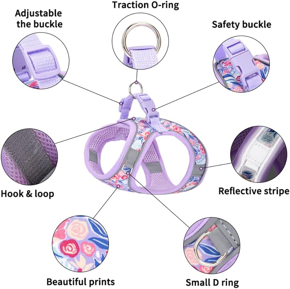 S Peach Flower Pattern Dog Harness and Leash Set,No Escape Easy Walk Puppy Harnesses for Training Walking，Breathable Adjustable Puppy Vest for Small Medium Dogs, Cats (Peach, S) image number 7