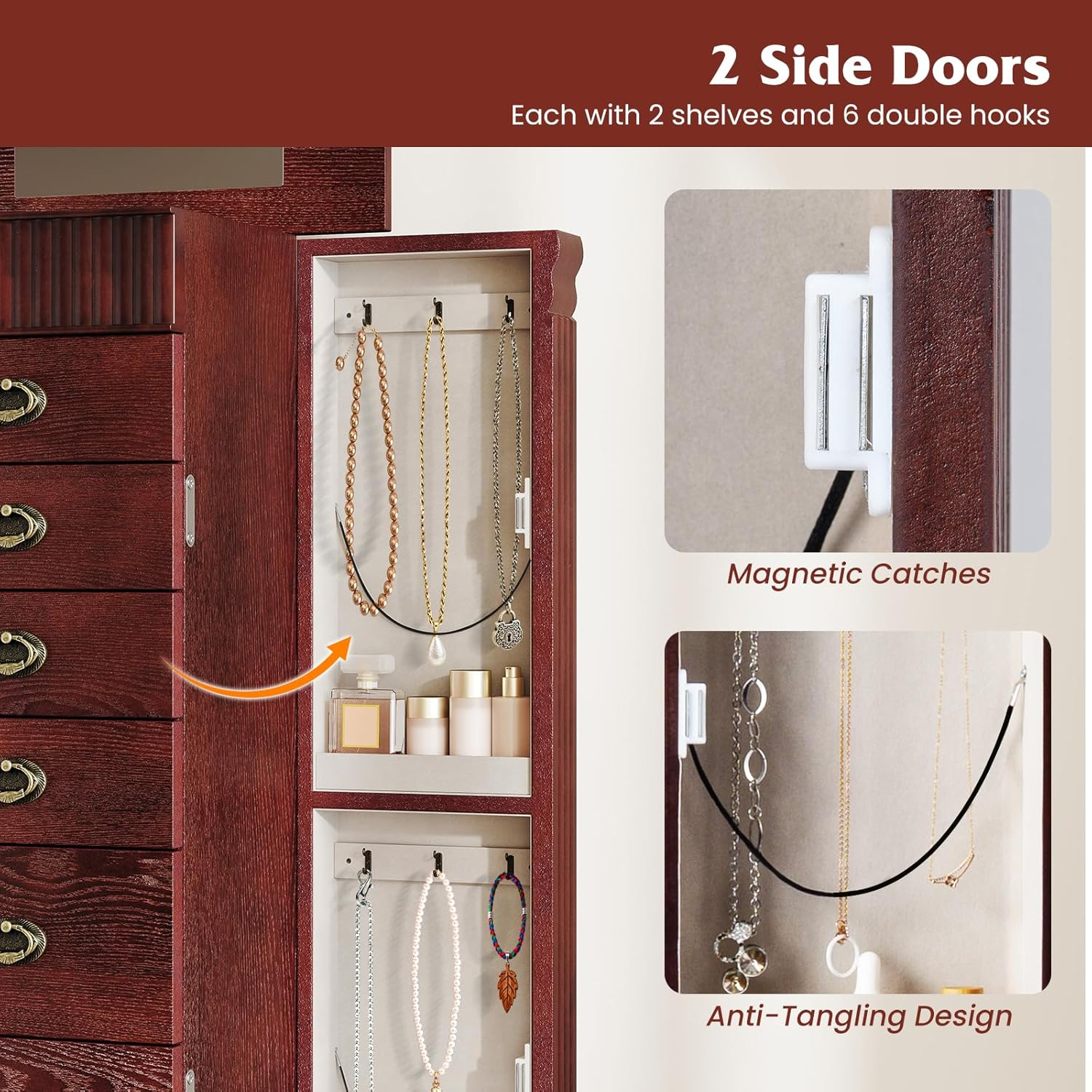 Giantex Standing Jewelry Cabinet with 7 Drawers, Flip-Top Mirror, 2 Side Doors with 12 Necklace Hooks, Divided Ring Compartments, Velvet-Lined Jewelry Armoire Organizer Chest (Cherry) image number 1