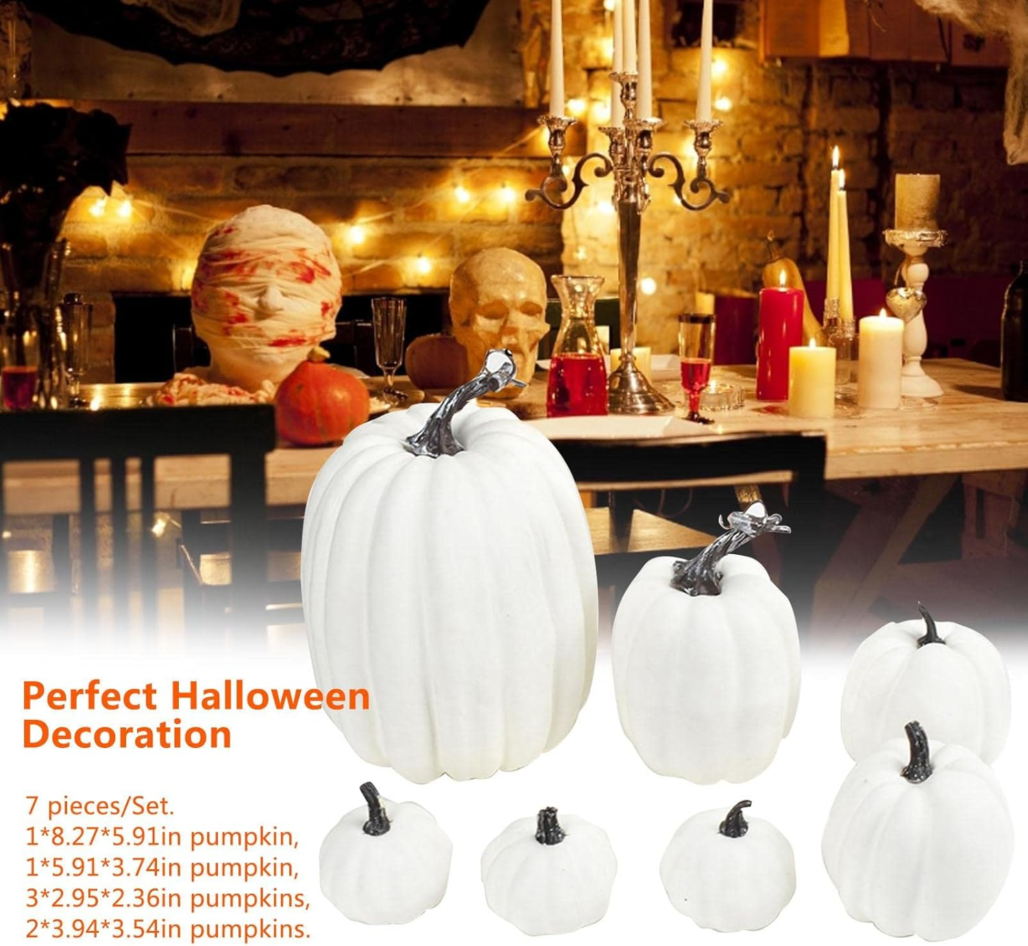7 Pack Halloween Artificial Pumpkins, Assorted Sizes Foam Faux Pumpkins Halloween Fall Wedding Holiday Decorations image number 6