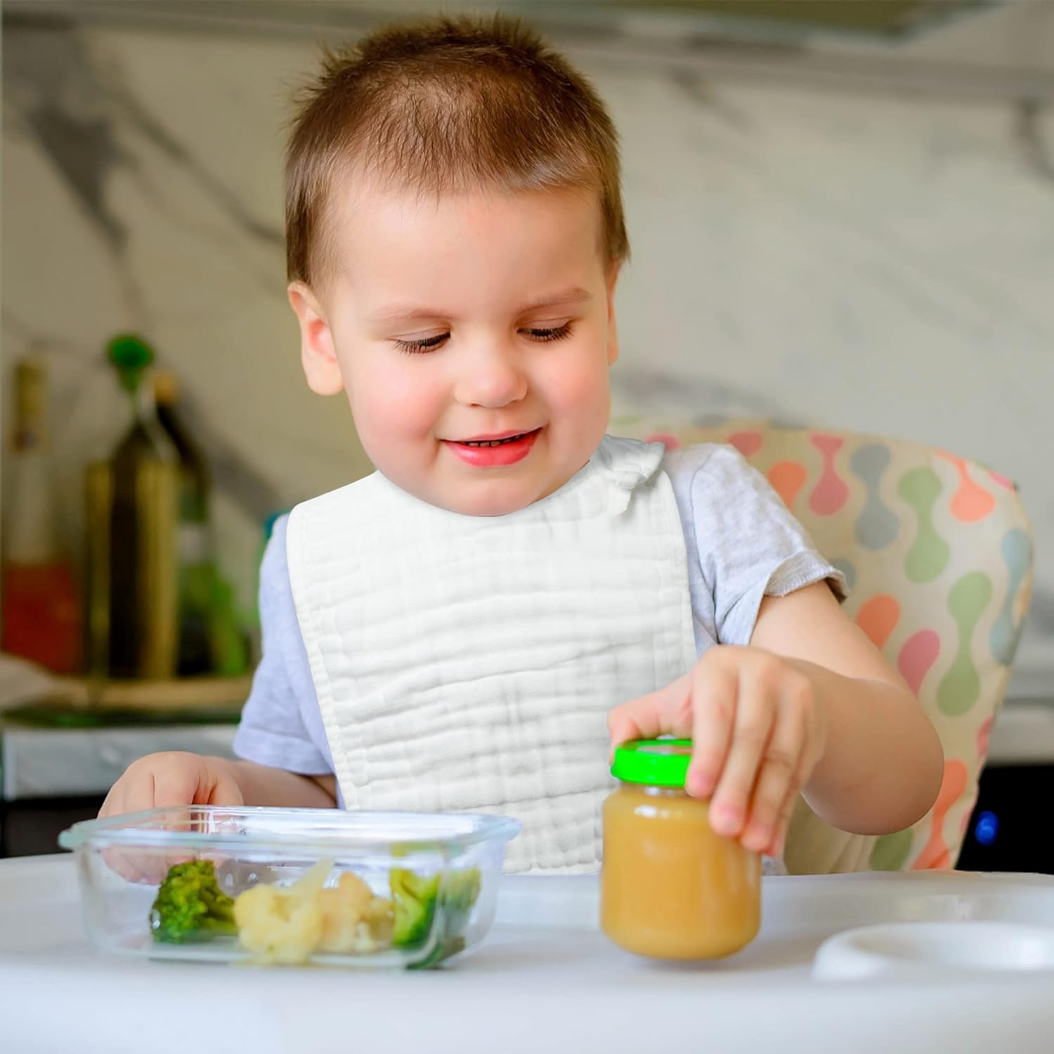 Buoonyer 10Pcs Snap Muslin Cotton Bibs, Baby Bandana Drool Bibs, Adjustable Soft Absorbent Cotton Scarf - Blue, Yellow image number 5