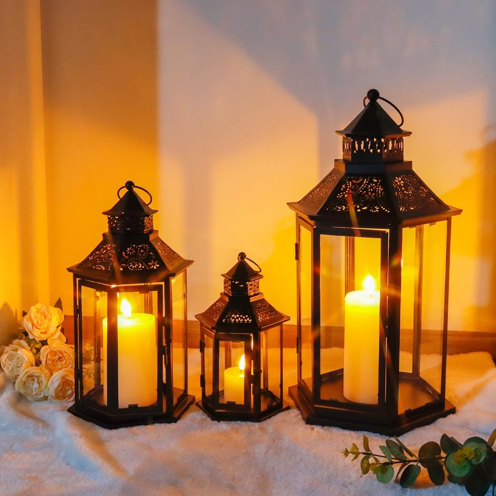 TRIROCKS Set of 3 Decorative Candle Lanterns18''&13"&10" H Hexagonal Candle Holder Vintage Metal Hanging Lantern with Tempered Glass for Garden Patio Wedding Event Indoors Outdoors(Black) image number 6