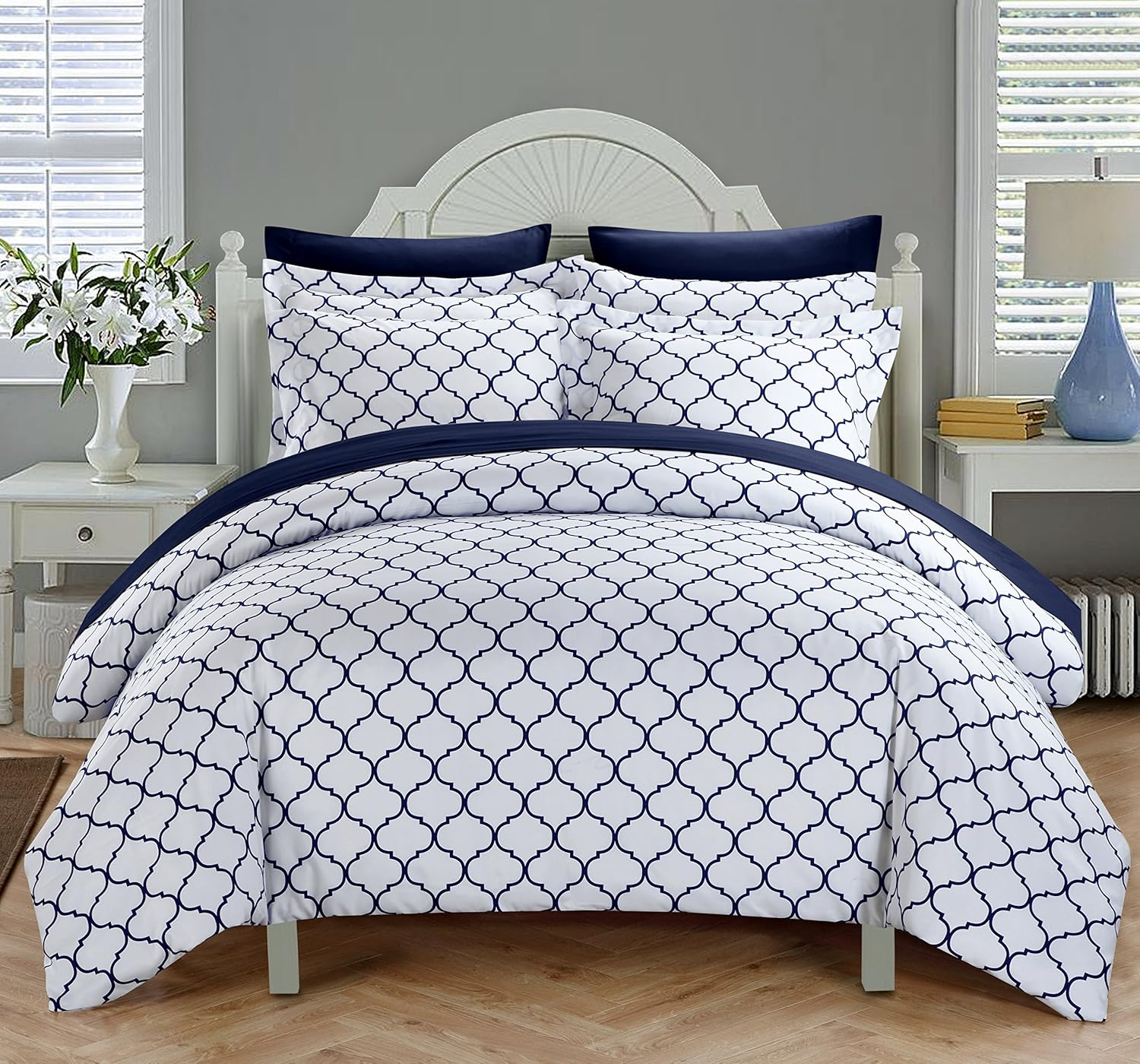 Chic Home Brooklyn 3 Piece Reversible Duvet Cover Set Geometric Diamond Fretwork Pattern Print Zipper Closure Bedding-Decorative Pillow Shams Included, King, Plum